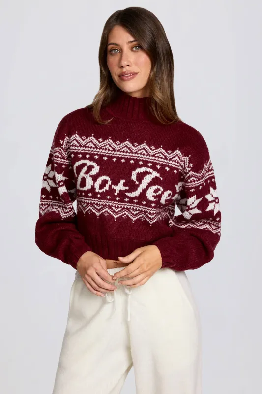 Jacquard-Knit Cropped Jumper in Crimson Red sold by Bo + Tee