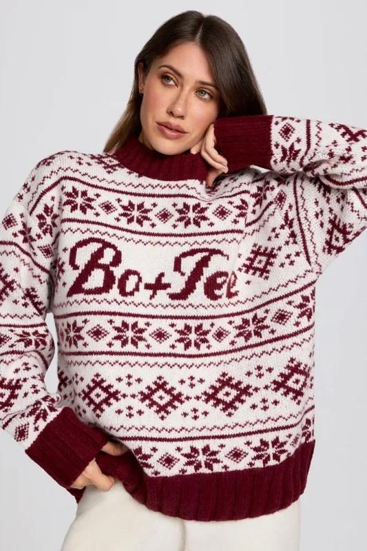 Jacquard-Knit Oversized Jumper in Crimson Red sold by Bo + Tee