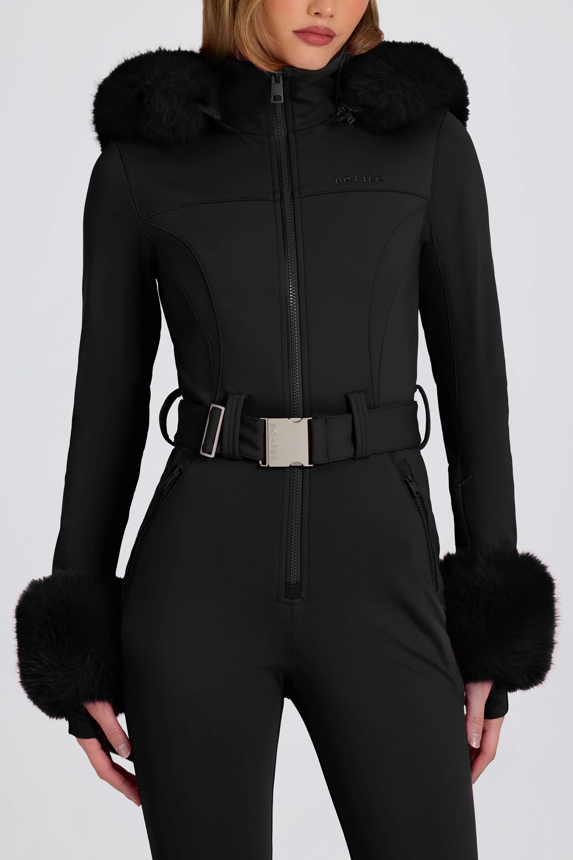 Waterproof Faux-Fur Hood Fitted Ski Suit in Black sold by Bo + Tee product image thumbnail 5