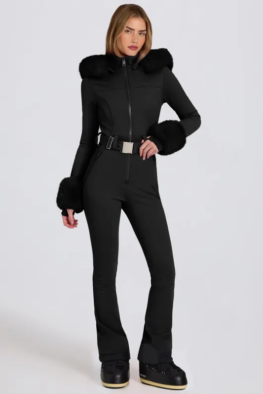 Waterproof Faux-Fur Hood Fitted Ski Suit in Black sold by Bo + Tee