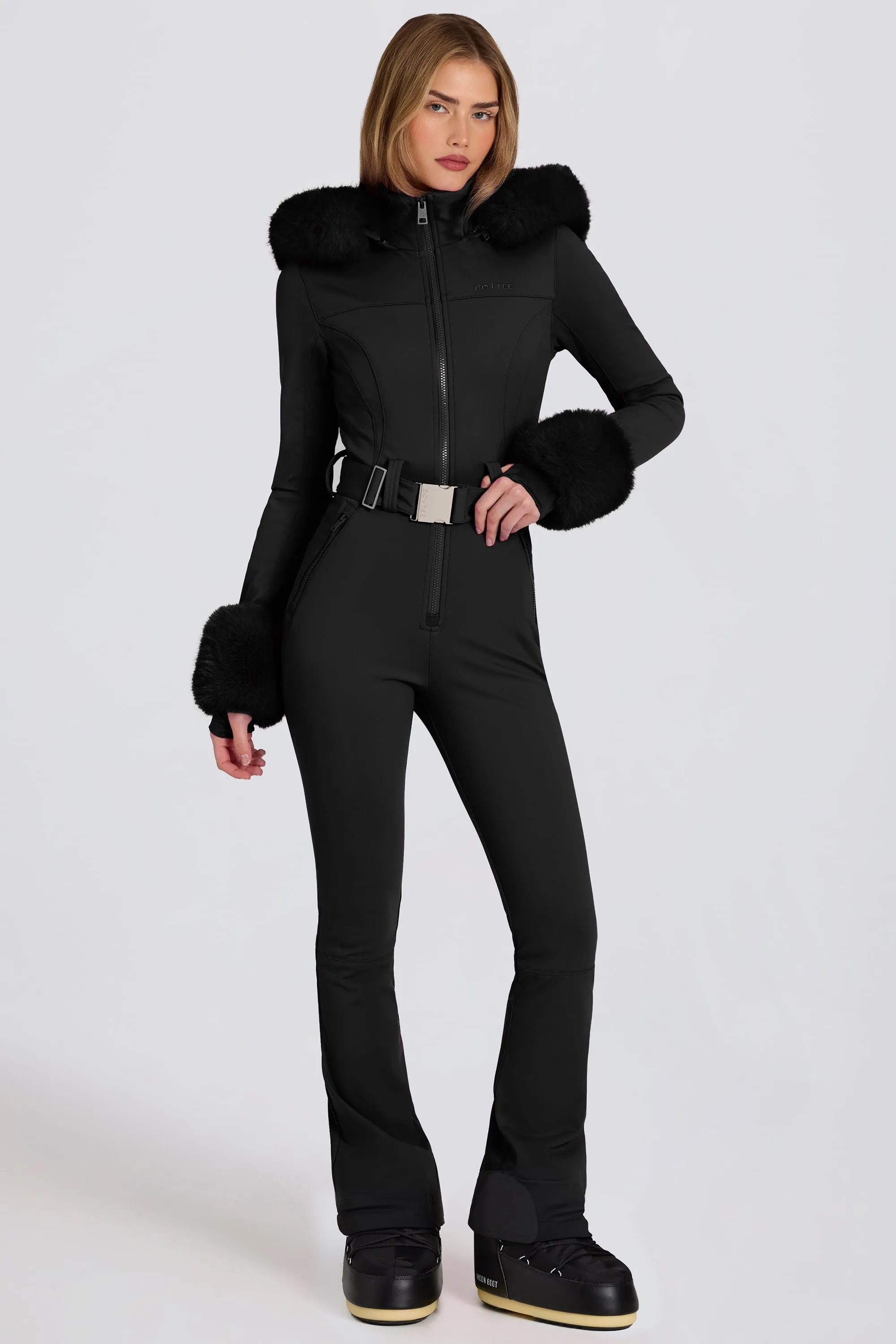 Waterproof Faux-Fur Hood Fitted Ski Suit in Black sold by Bo + Tee