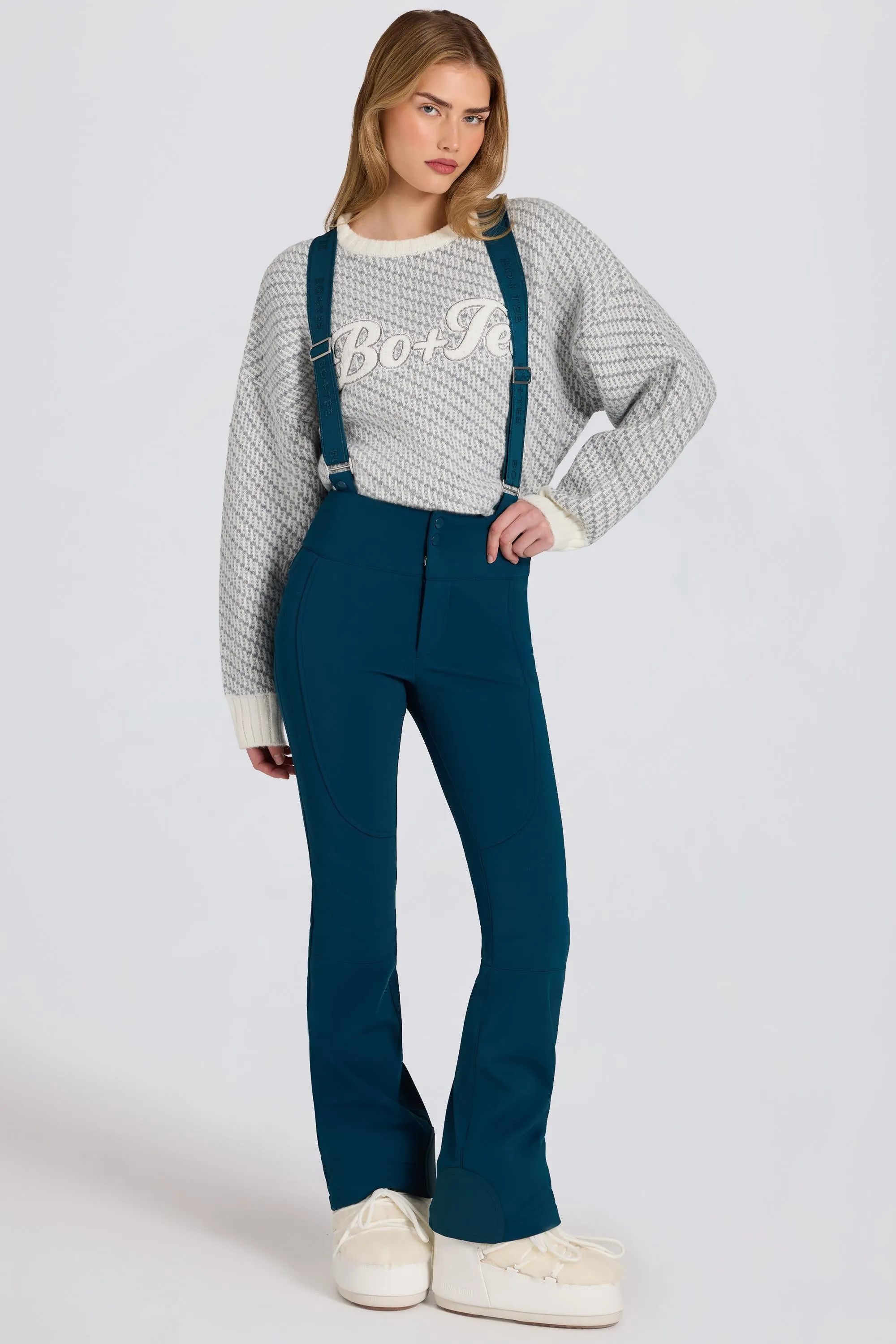 Waterproof High-Rise Salopettes with Suspenders in Teal sold by Bo + Tee