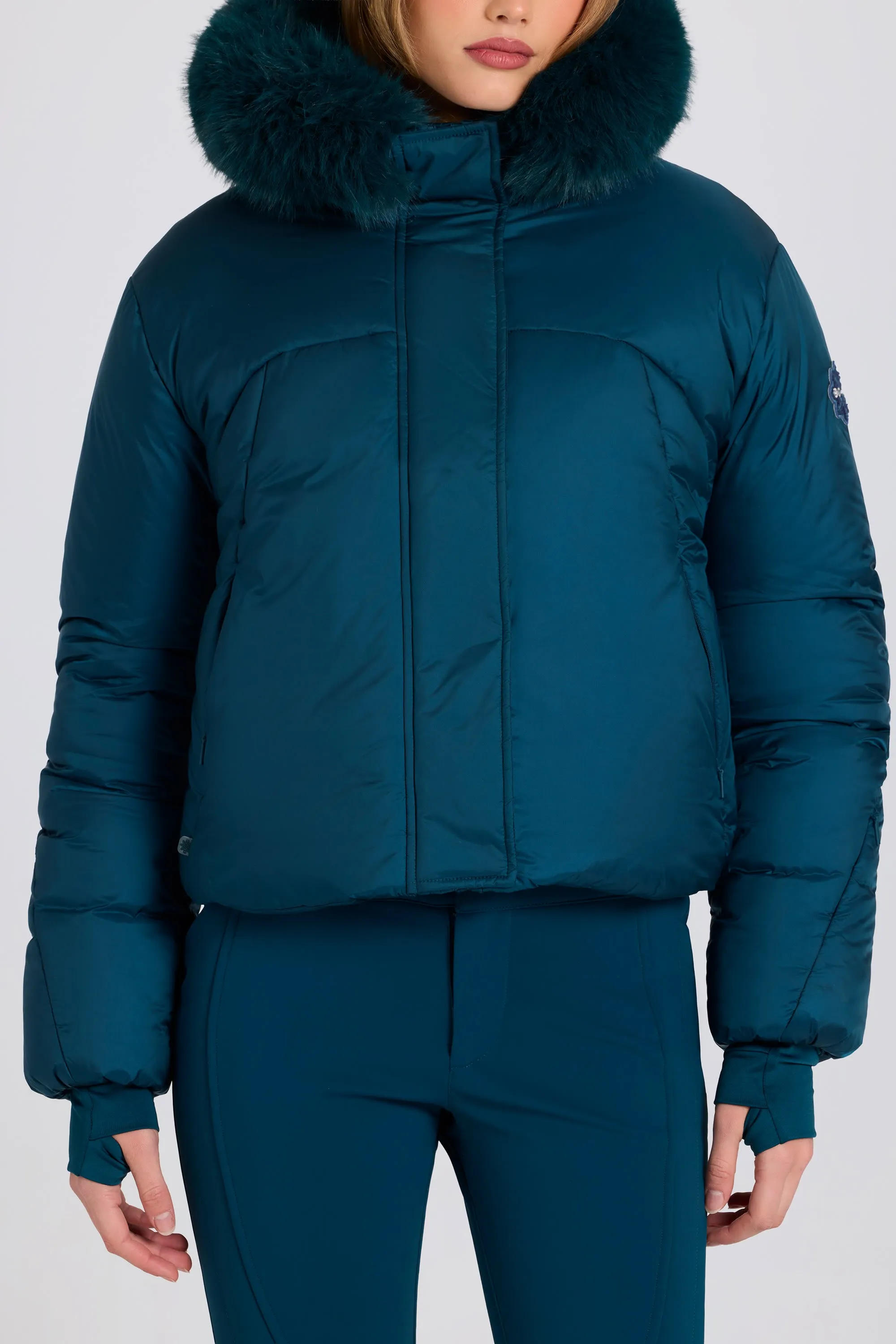 Waterproof Faux-Fur Hood Cropped Ski Jacket in Teal sold by Bo + Tee product image thumbnail 5