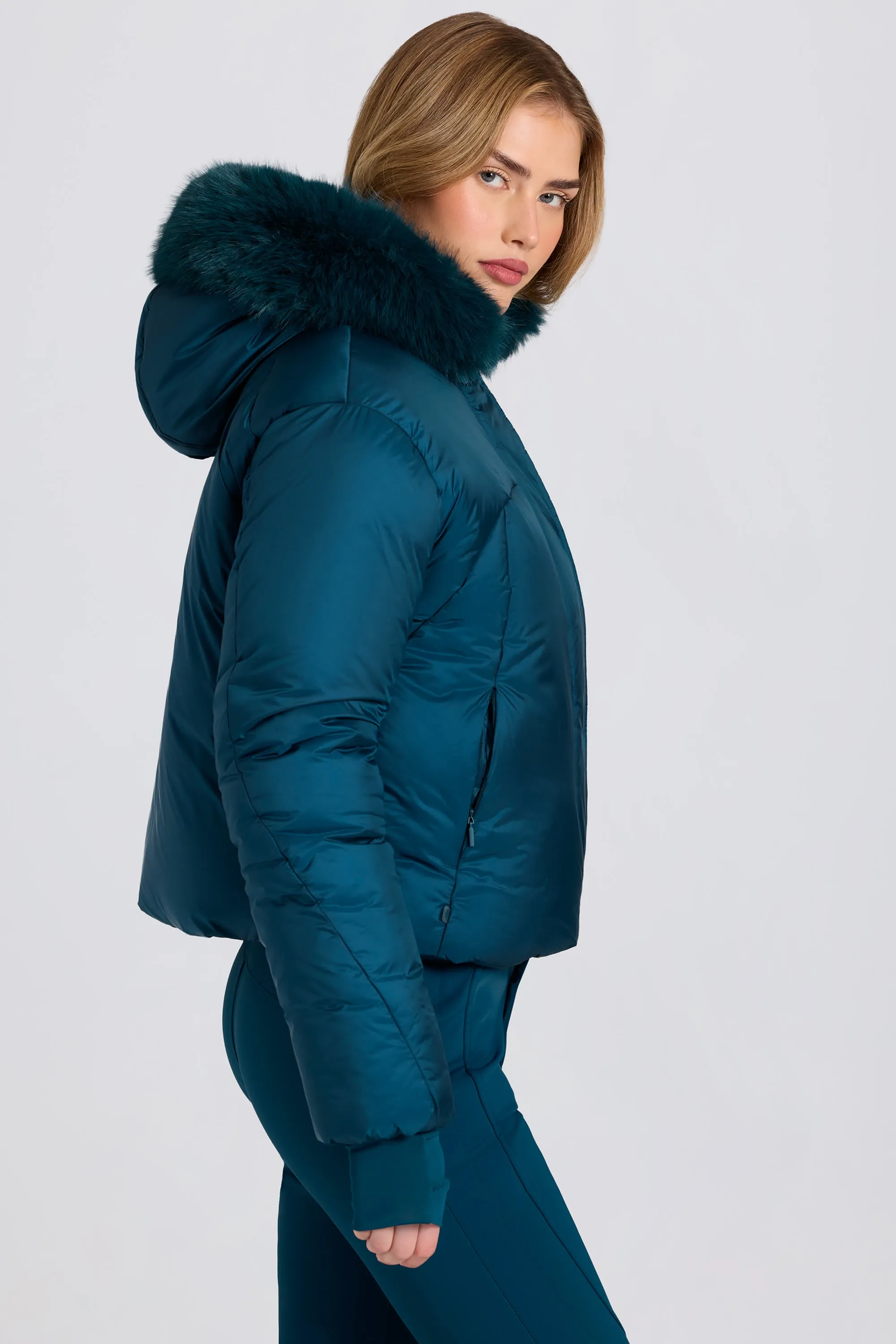 Waterproof Faux-Fur Hood Cropped Ski Jacket in Teal sold by Bo + Tee product image thumbnail 4