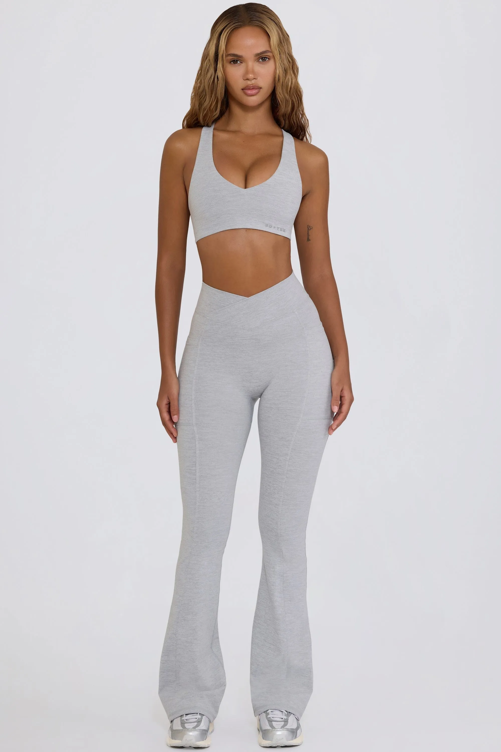 Soft Active V-Waist Pocket Flared Leggings in Grey sold by Bo + Tee product image thumbnail 5