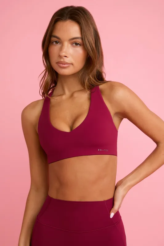 Soft Active V-Neck Sports Bra in Burgundy sold by Bo + Tee