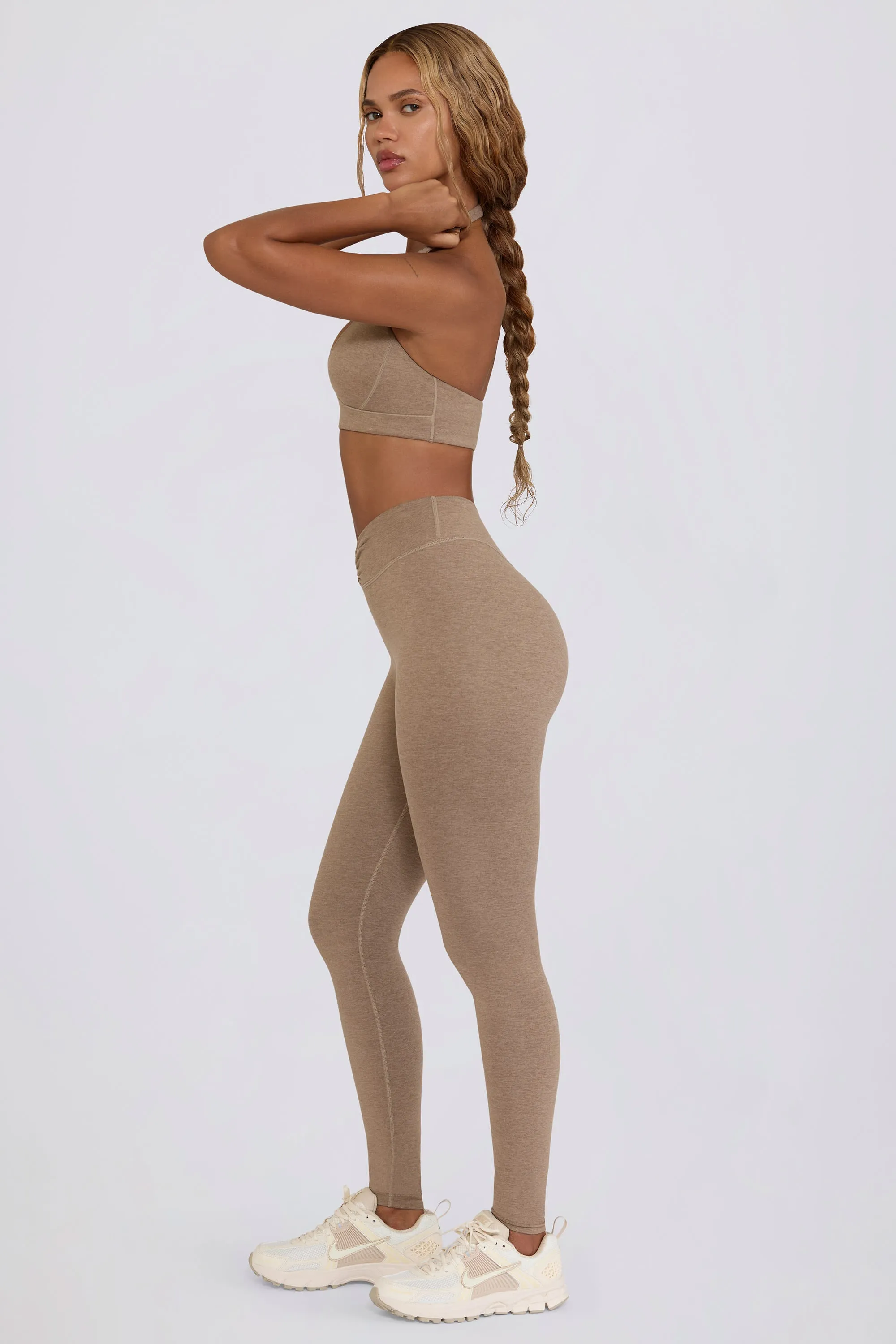 Brushed Jersey Ruched Mid-Rise Leggings in Mocha Marl sold by Bo + Tee product image thumbnail 4