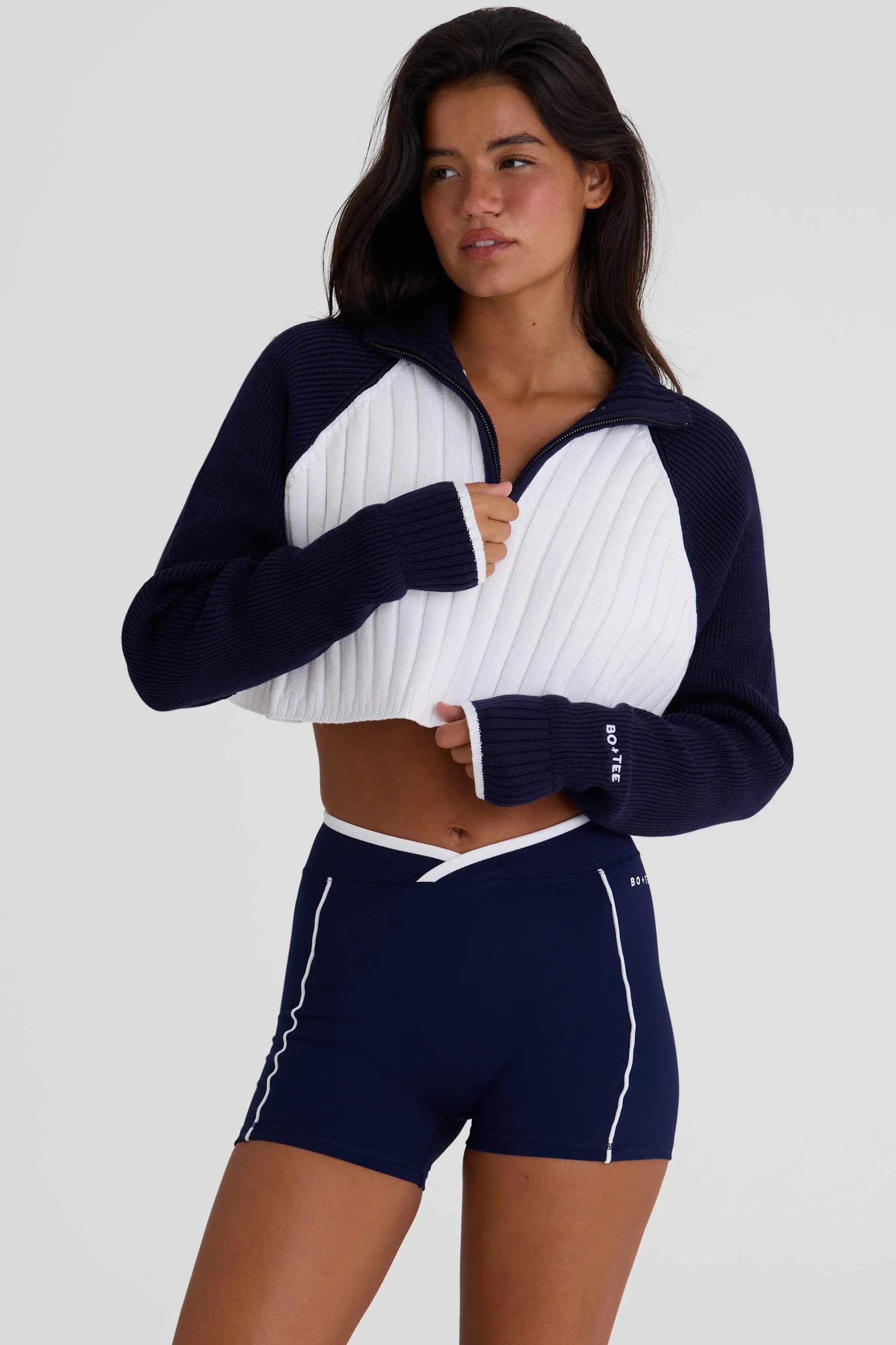 Ribbed Knit Quarter-Zip Cropped Jumper in Midnight sold by Bo + Tee product image thumbnail 4