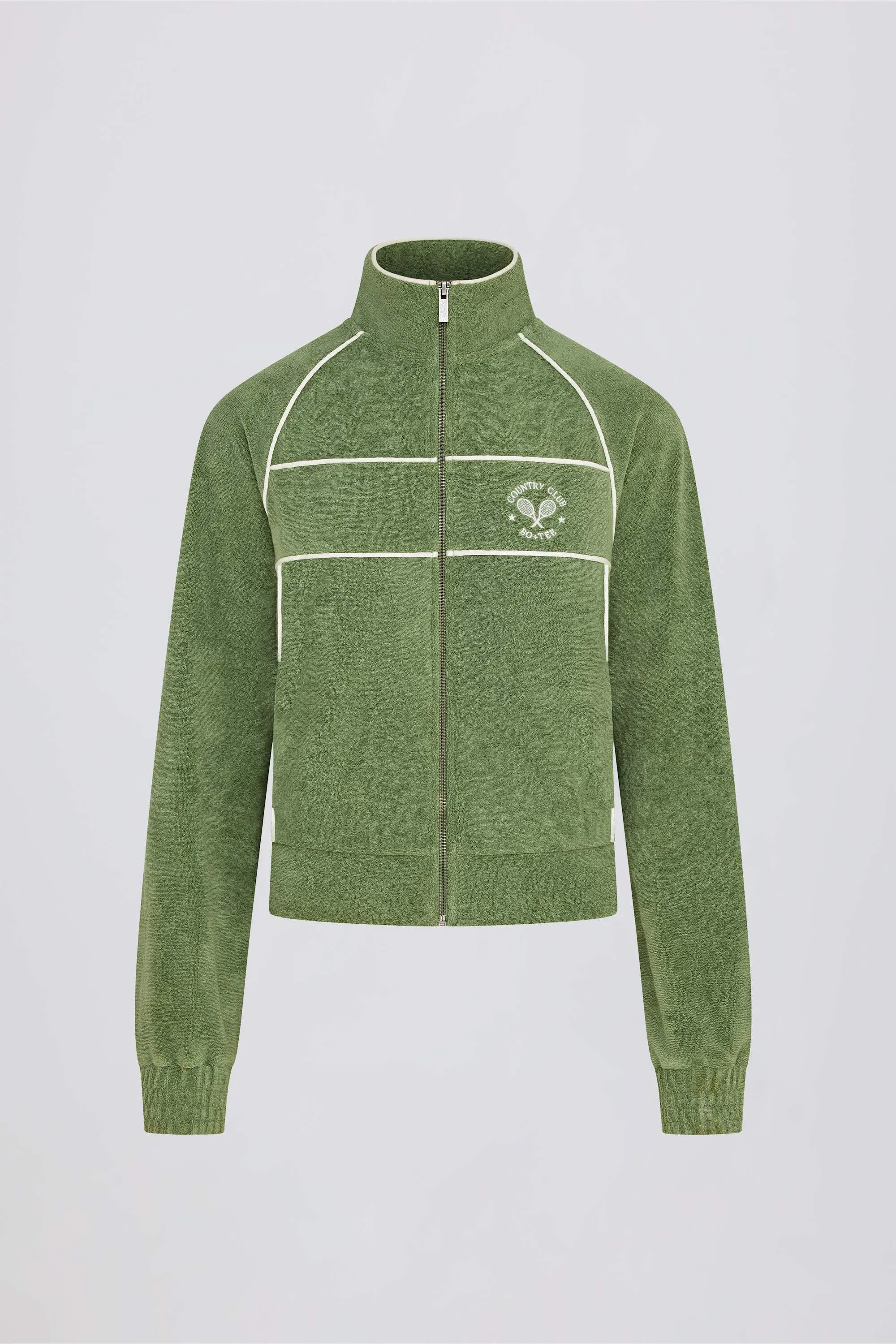 Terry Towelling Zip-Up Cropped Sweatshirt in Jade sold by Bo + Tee