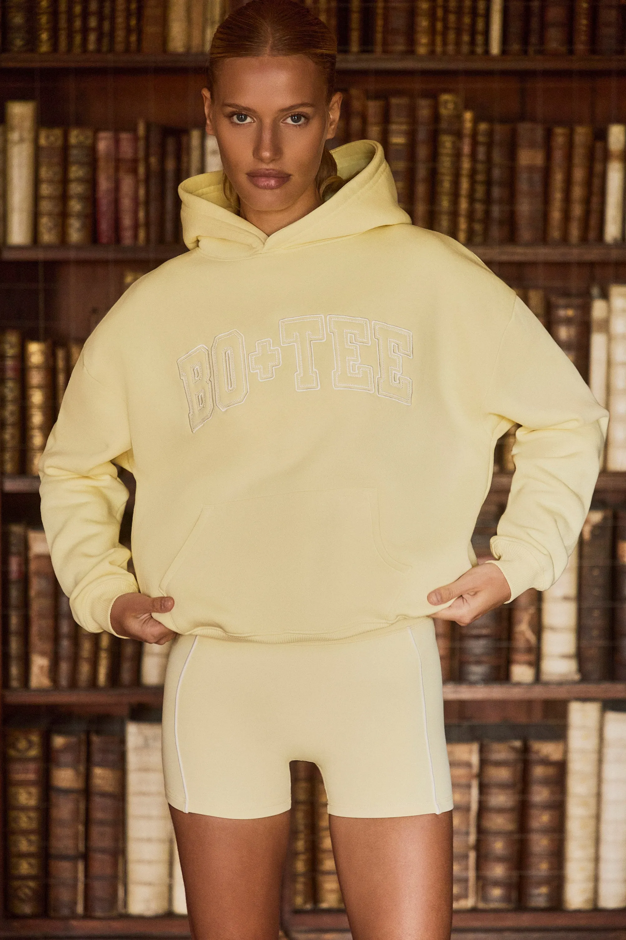 Embroidered Oversized Hoodie in Soft Yellow sold by Bo + Tee