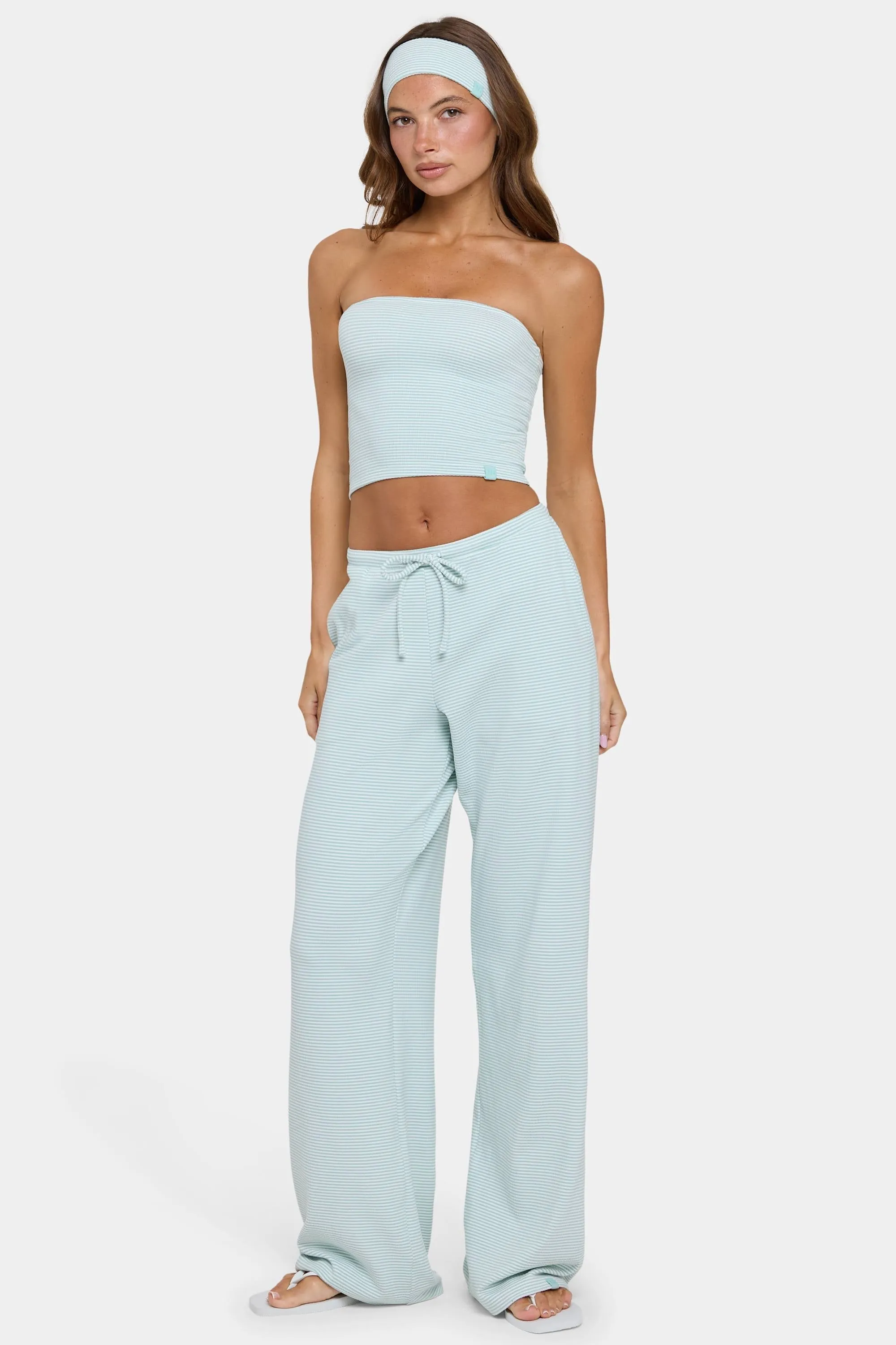 Ribbed Jersey Low-Rise Trousers in Mint Stripe sold by Bo + Tee