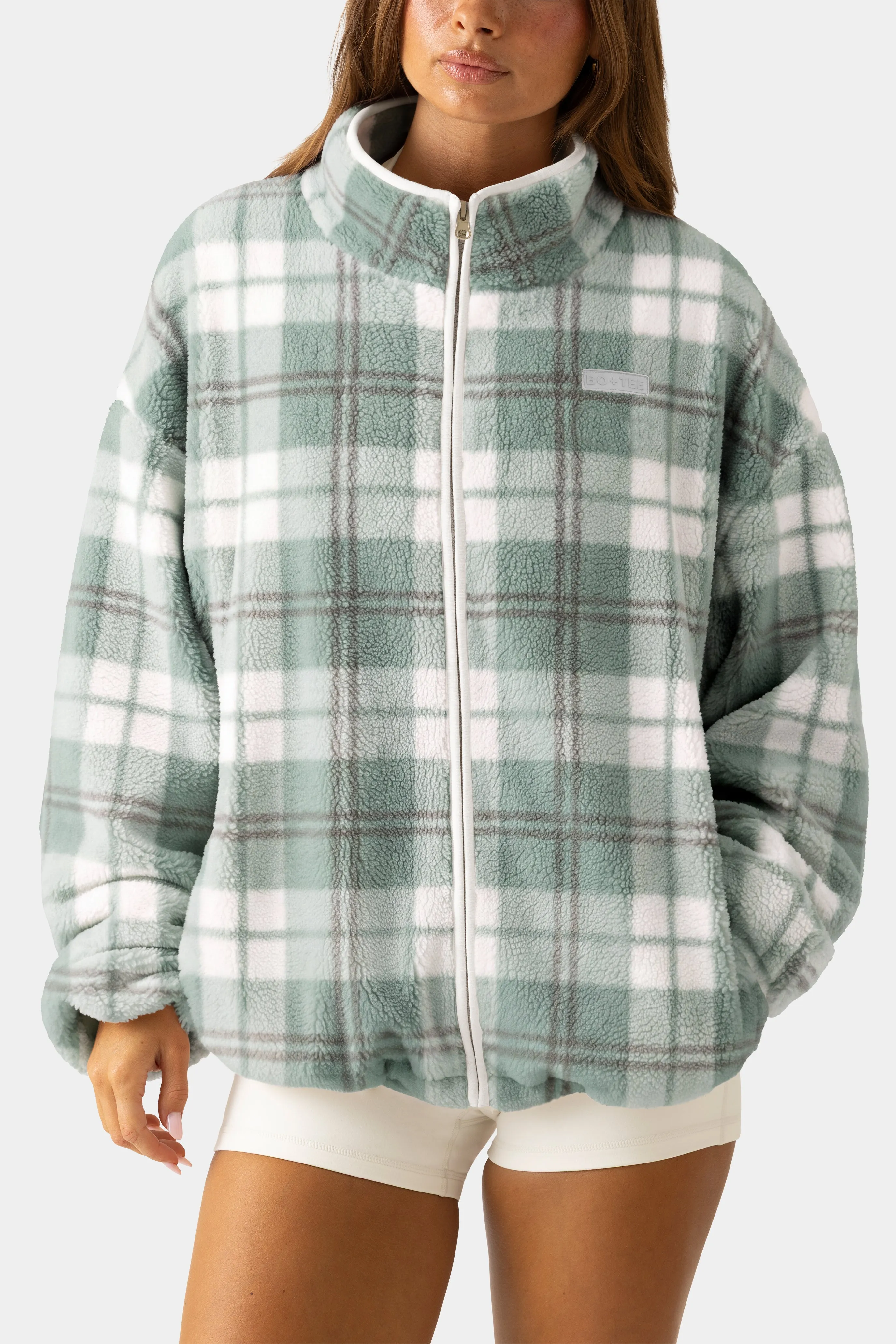 Oversized Zip-Up Fleece in Matcha Plaid sold by Bo + Tee product image thumbnail 5