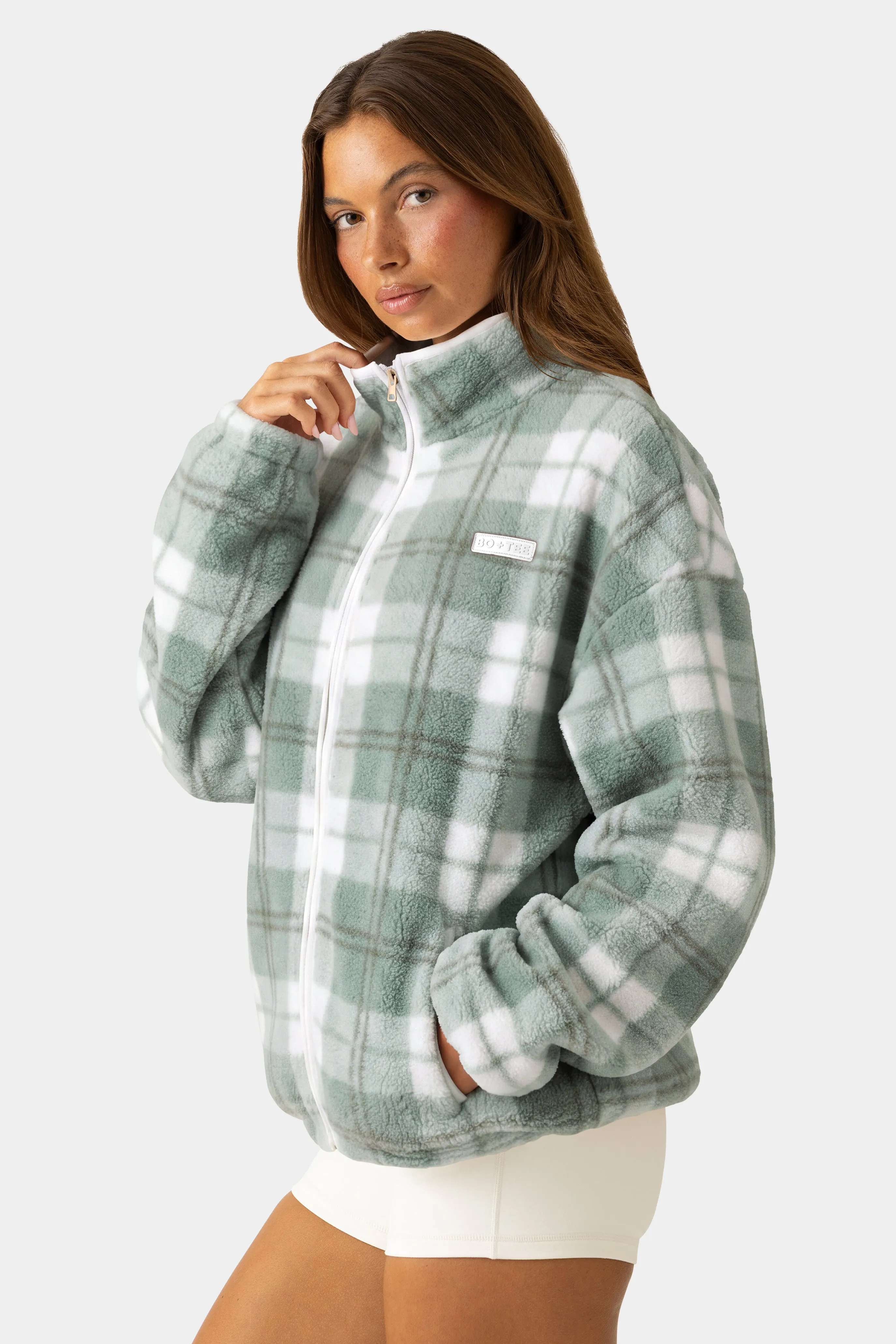 Oversized Zip-Up Fleece in Matcha Plaid sold by Bo + Tee product image thumbnail 4