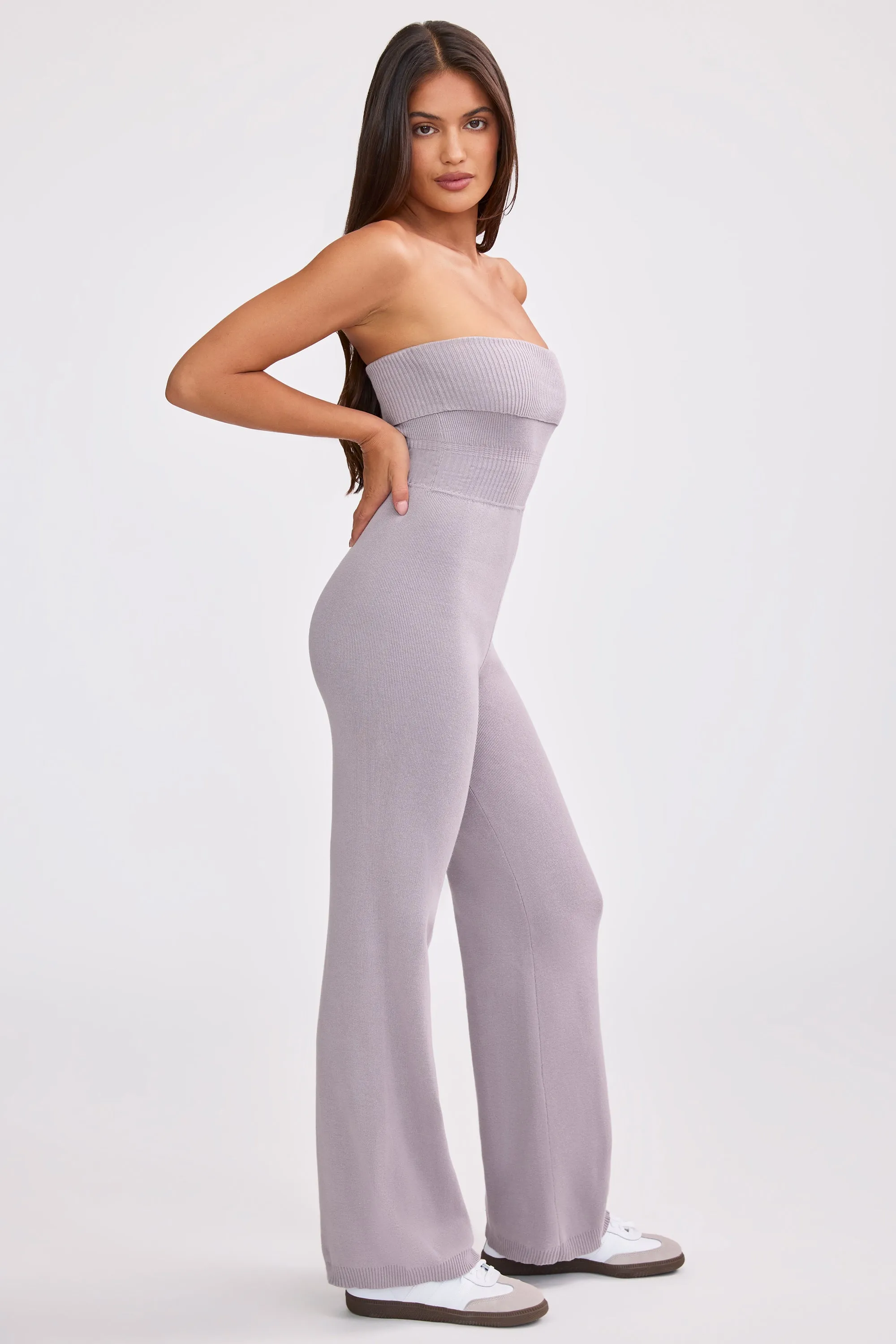 Petite Bandeau Kick Flare Chunky Knit Jumpsuit in Dusty Lavender sold by Bo + Tee product image thumbnail 2