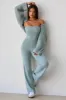 Bandeau Kick Flare Chunky Knit Jumpsuit in Dusty Teal sold by Bo + Tee