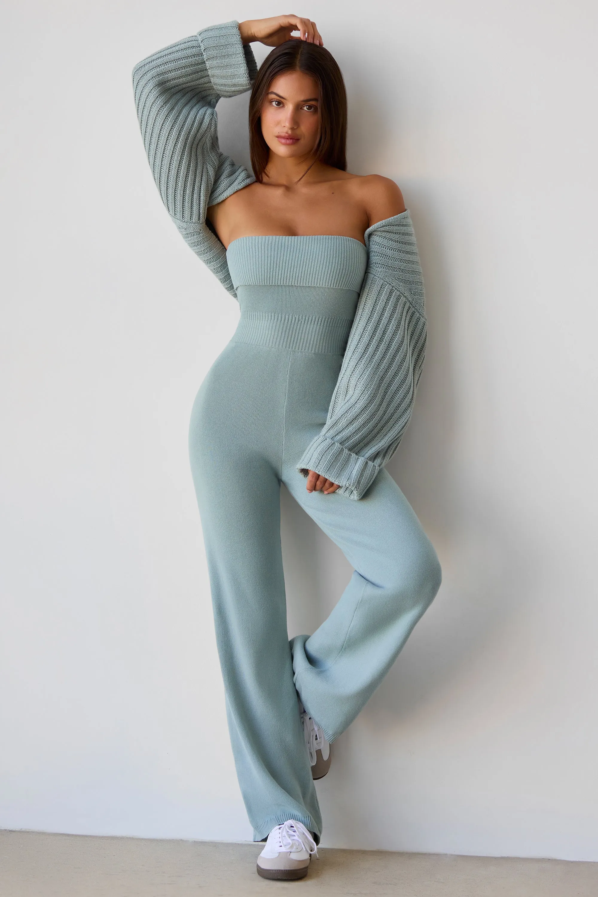Chunky Knit Bandeau Kick Flare Jumpsuit in Dusty Teal sold by Bo + Tee