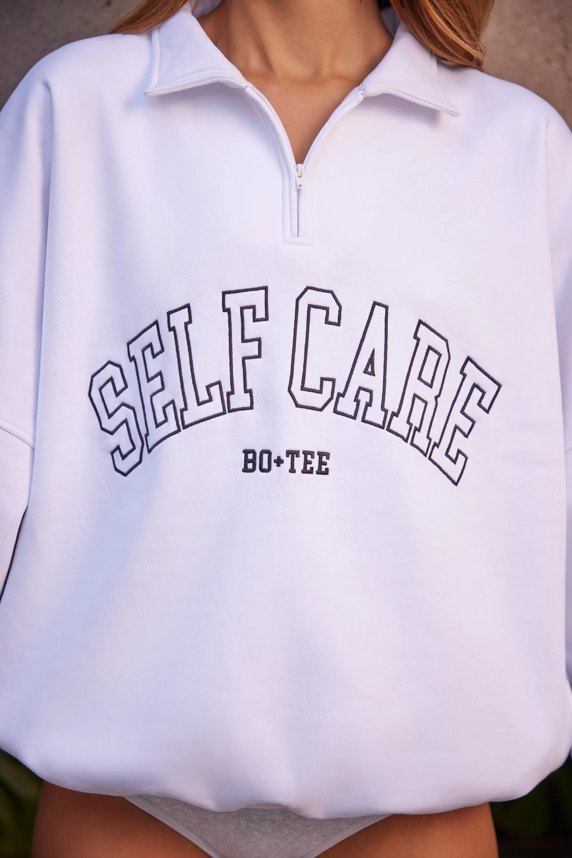 Self Care - Oversized Half Zip Sweatshirt in White sold by Bo + Tee product image thumbnail 4