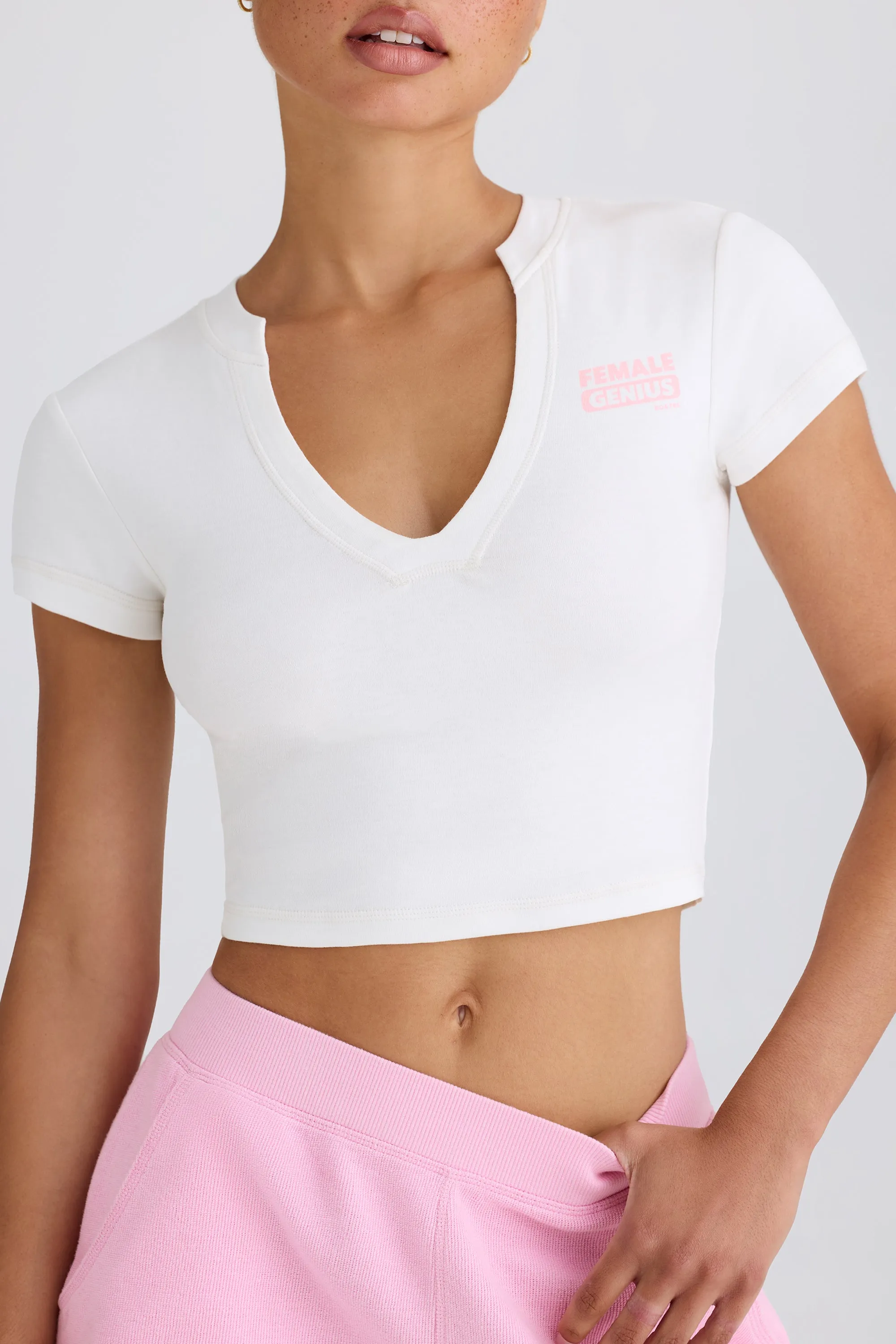 Stretch Cotton Jersey Graphic Print Cropped T-Shirt in White sold by Bo + Tee