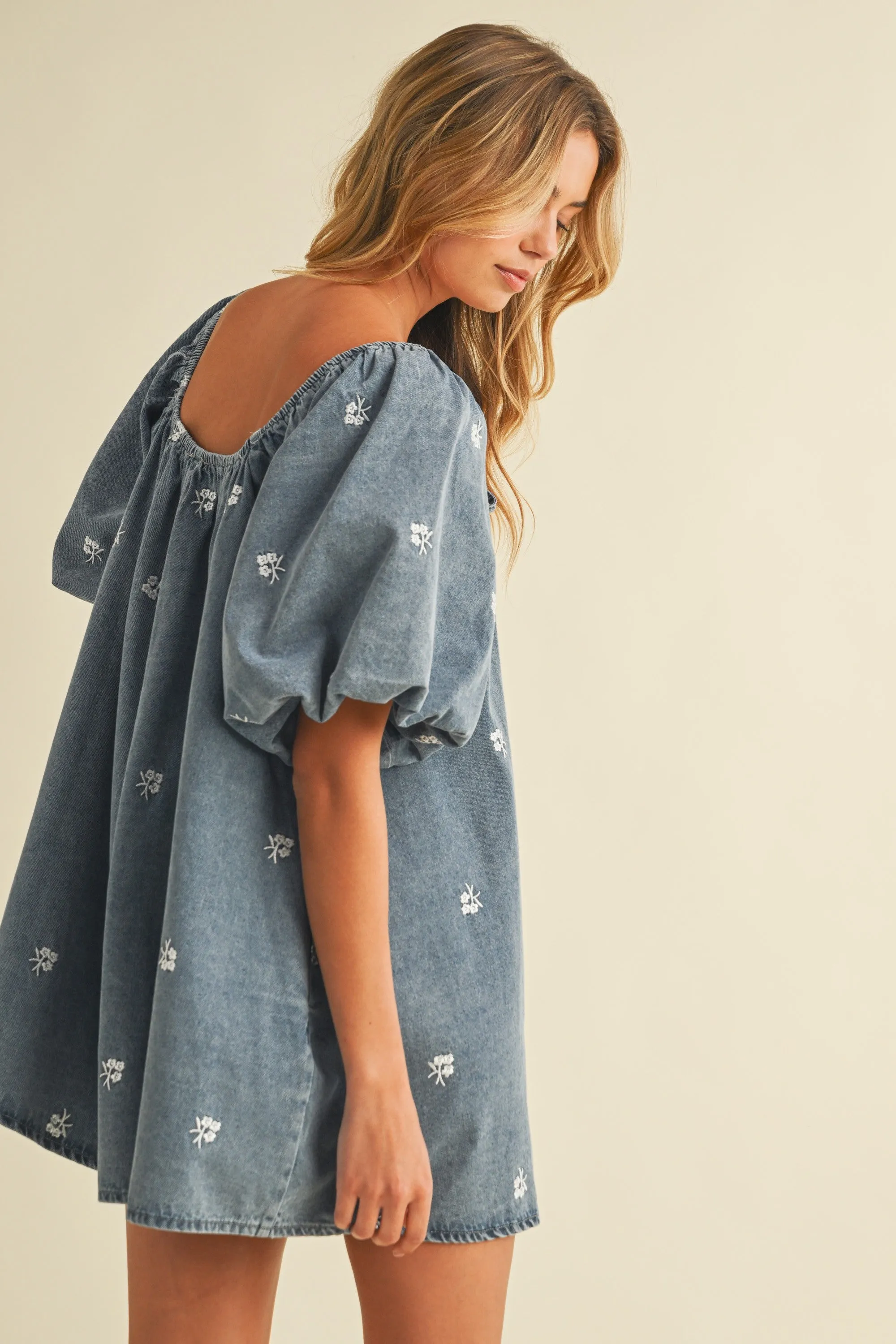 Embroidered Denim Puff Sleeve Romper sold by Evercado product image thumbnail 2