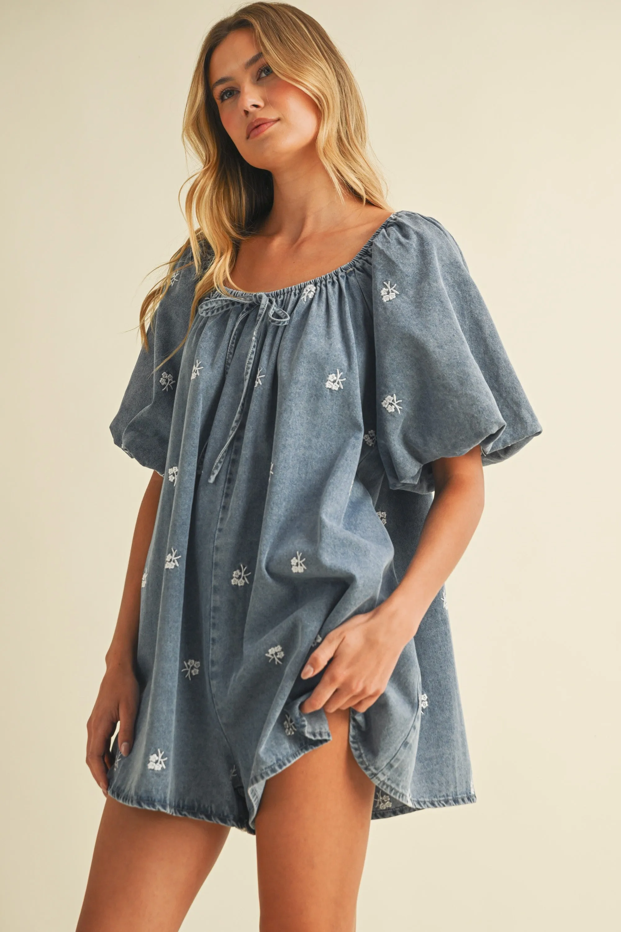Embroidered Denim Puff Sleeve Romper sold by Evercado product image thumbnail 4