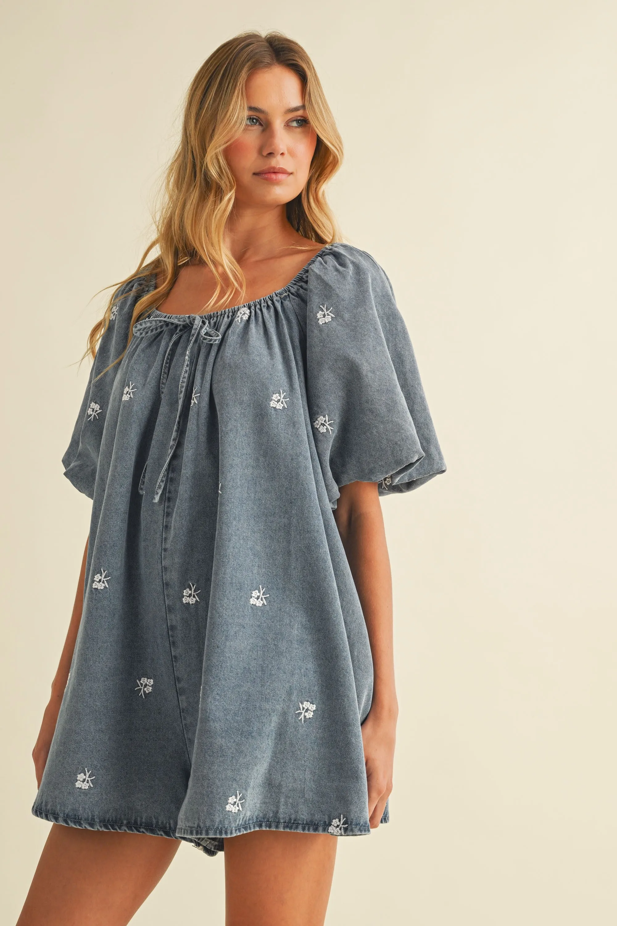 Embroidered Denim Puff Sleeve Romper sold by Evercado product image thumbnail 5