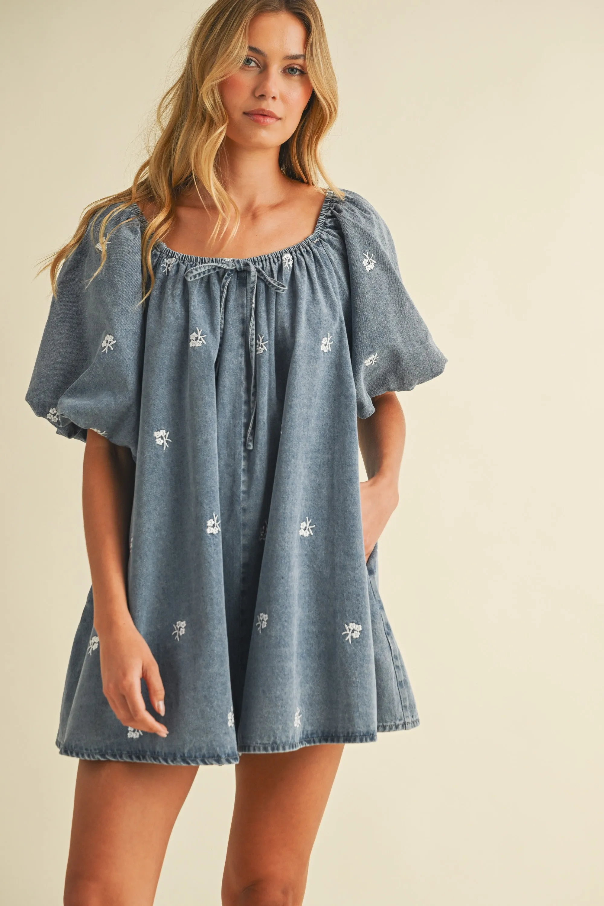 Embroidered Denim Puff Sleeve Romper sold by Evercado