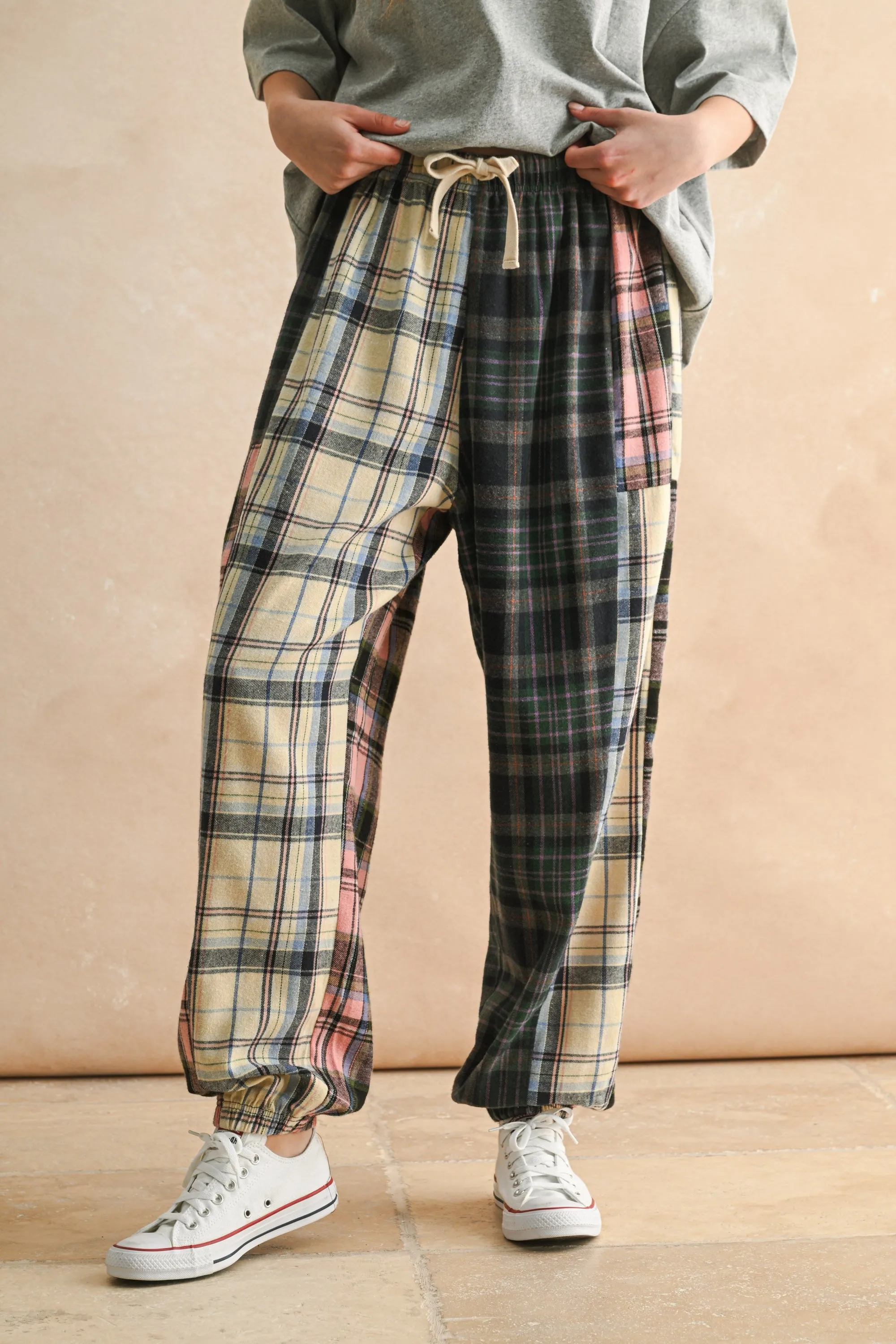 Mixed Plaid Patchwork Relaxed Pants sold by Evercado