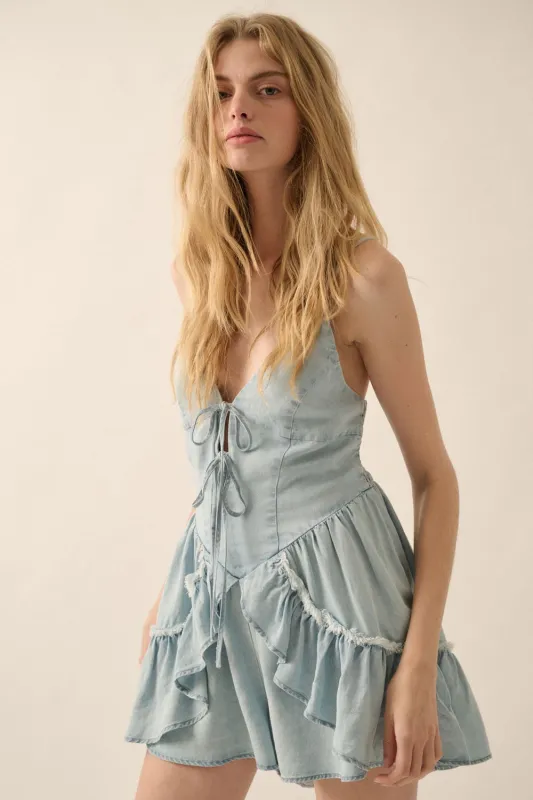 Light Denim Ruffle Tie-Front Romper sold by Evercado