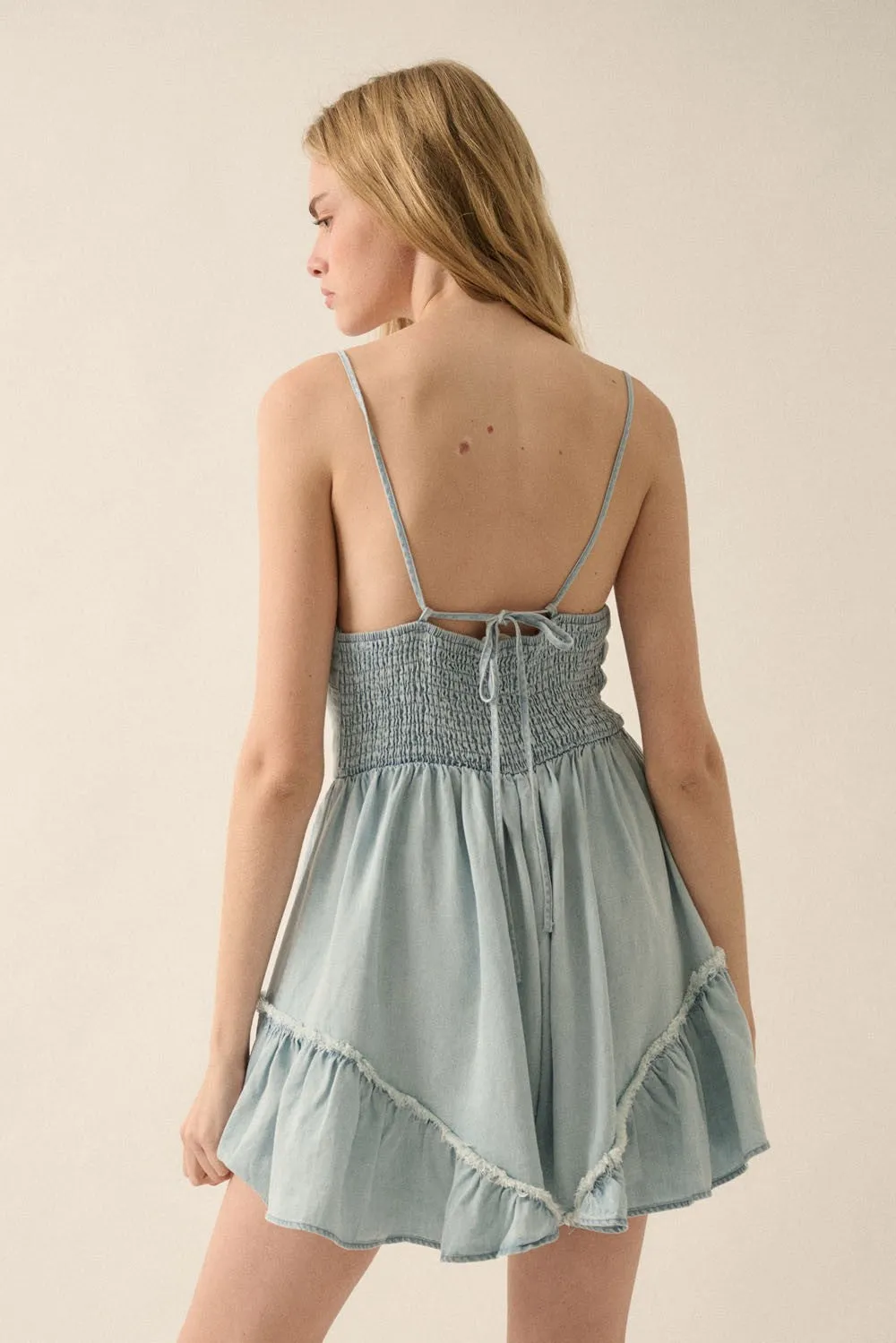 Light Denim Ruffle Tie-Front Romper sold by Evercado product image thumbnail 5