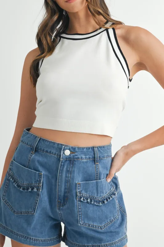 Halter Neck Contrast Knit Crop Top sold by Evercado