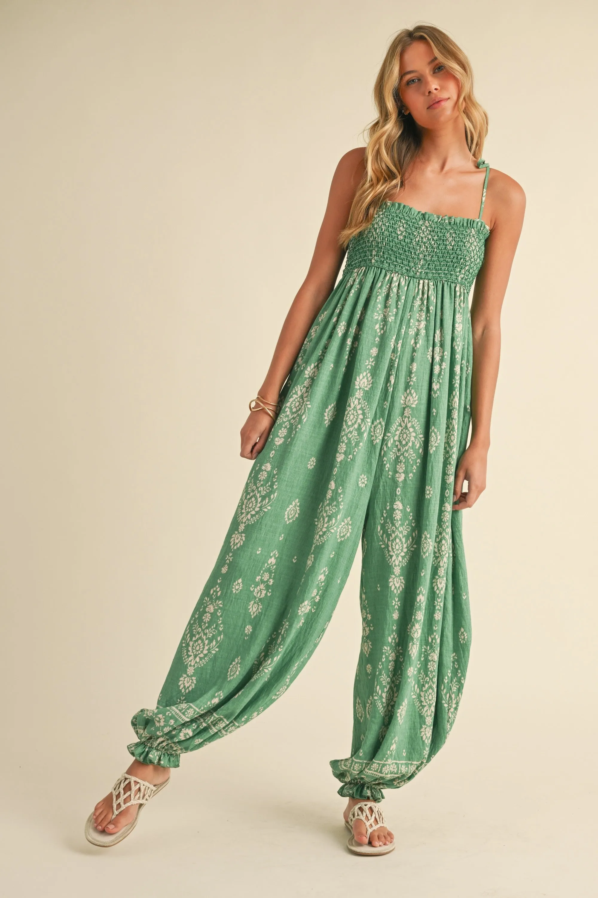 Smocked Strap Tie Wide Leg Boho Jumpsuit sold by Evercado product image thumbnail 5