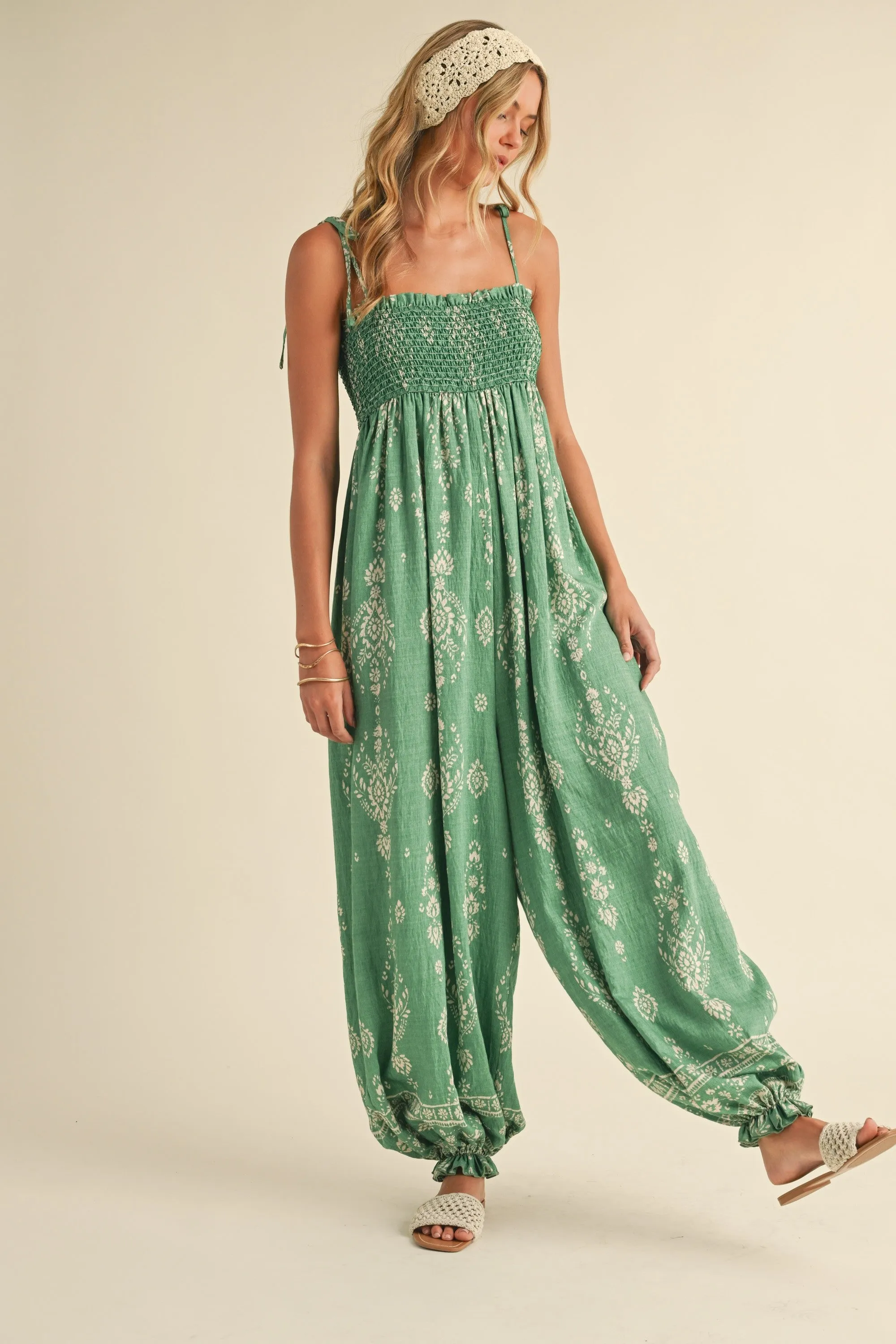 Smocked Strap Tie Wide Leg Boho Jumpsuit sold by Evercado product image thumbnail 3