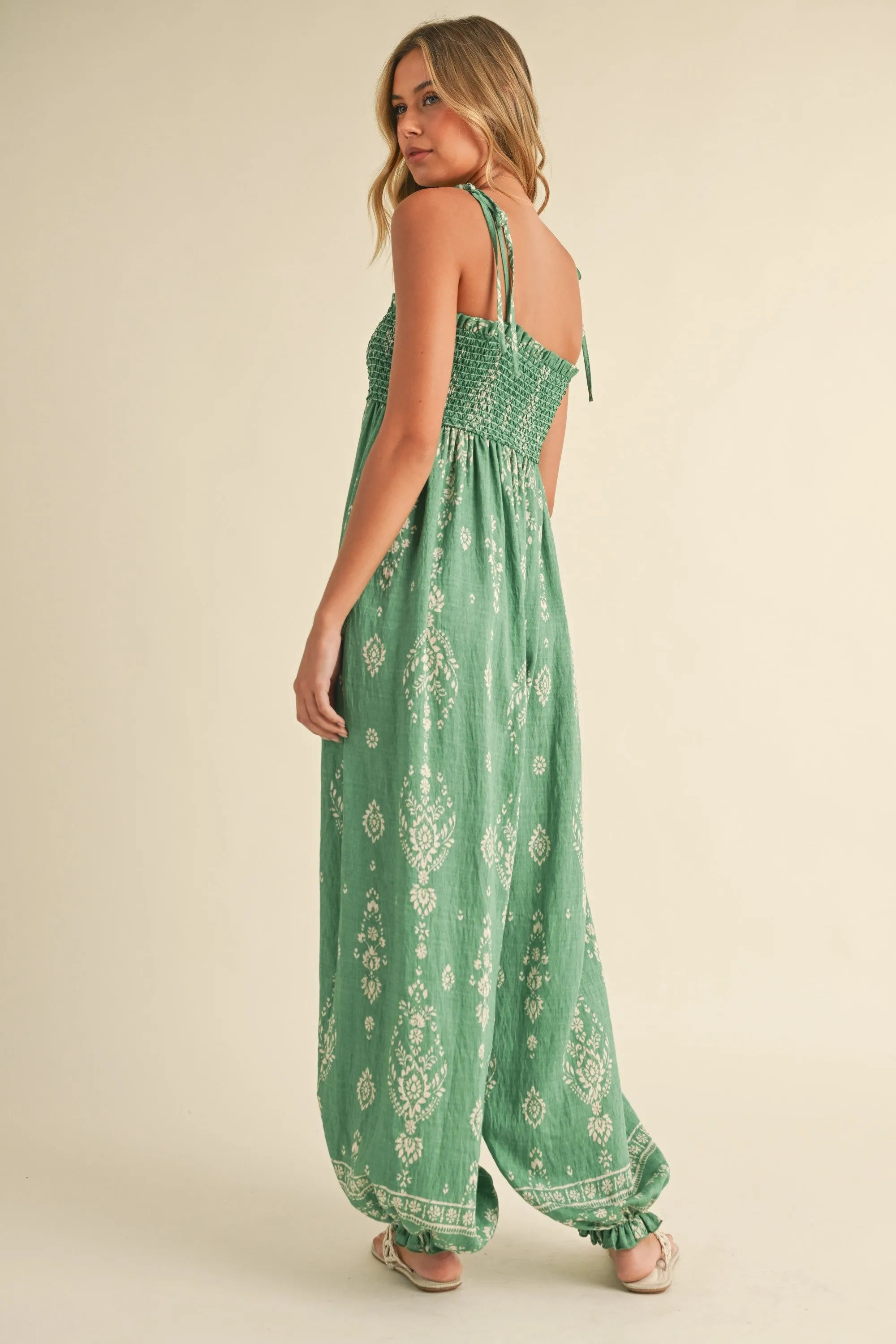 Smocked Strap Tie Wide Leg Boho Jumpsuit sold by Evercado product image thumbnail 4