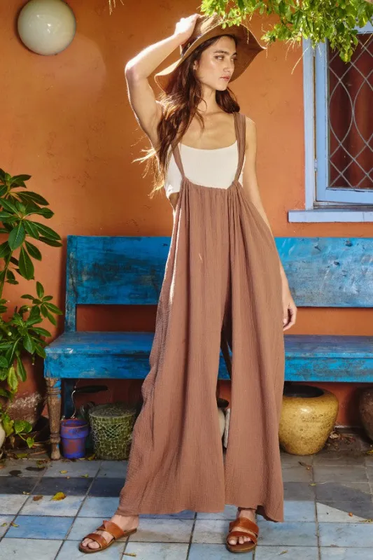 Boho Wide Leg Textured Suspender Pants sold by Evercado