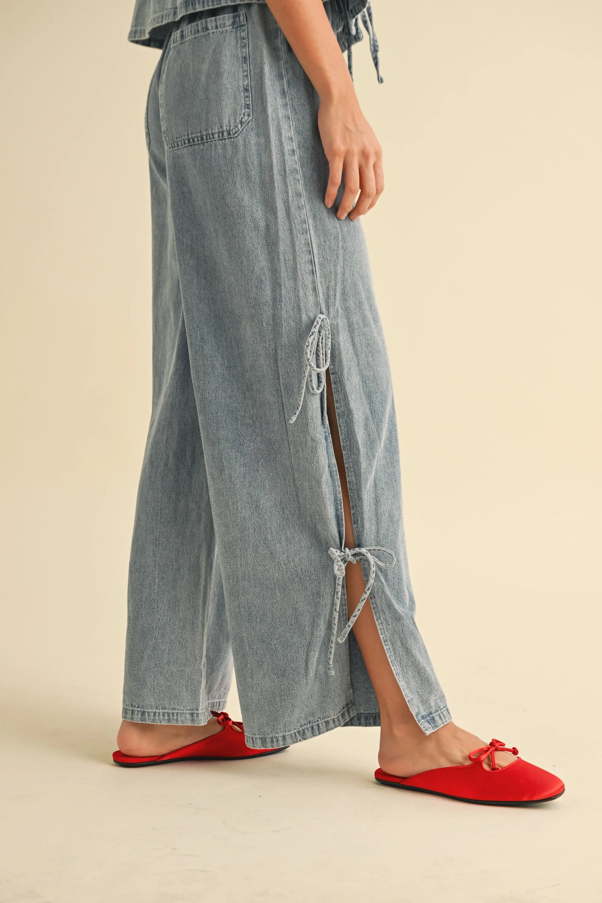 Drawstring Denim Wide-Leg Pants with Side Ties sold by Evercado product image thumbnail 4