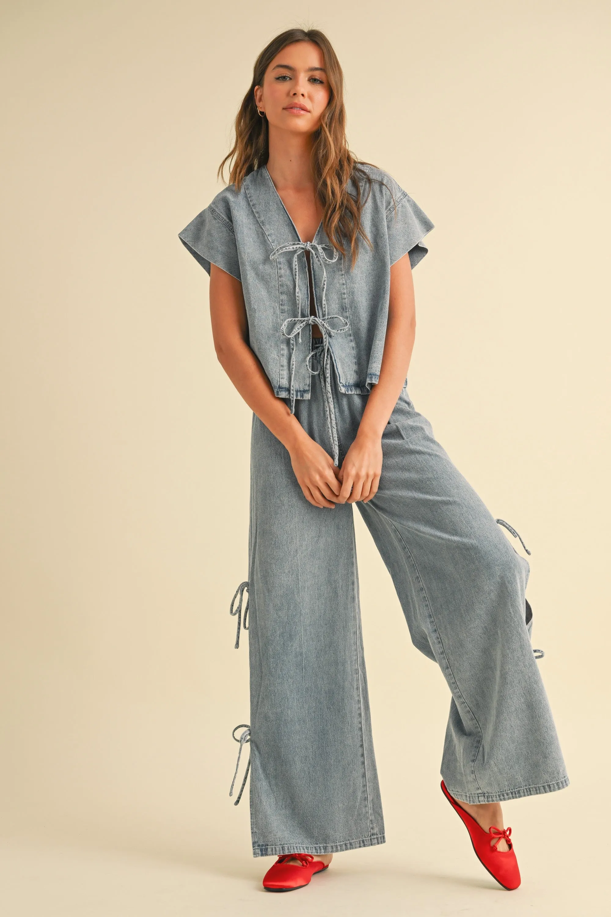 Drawstring Denim Wide-Leg Pants with Side Ties sold by Evercado product image thumbnail 2