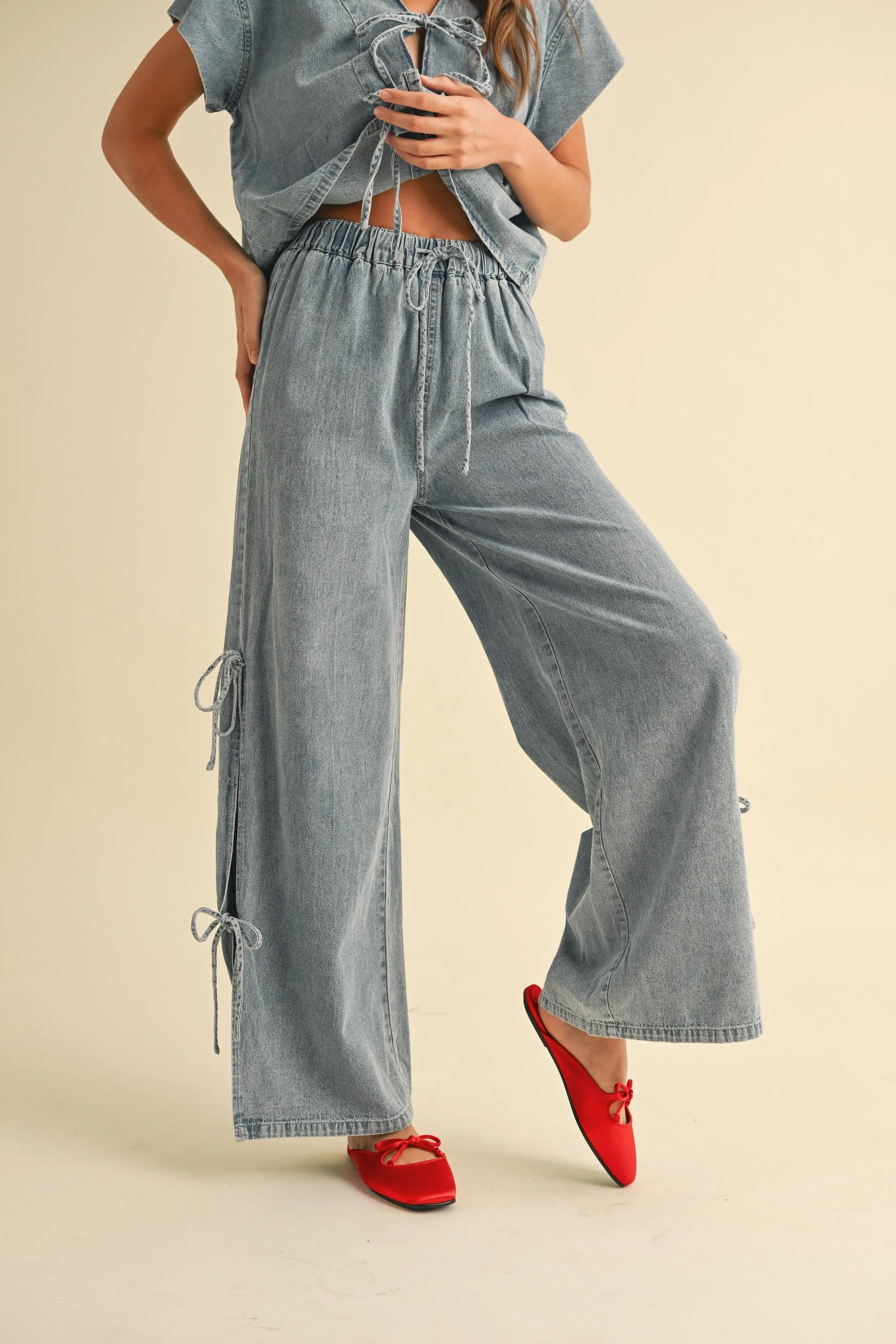 Drawstring Denim Wide-Leg Pants with Side Ties sold by Evercado