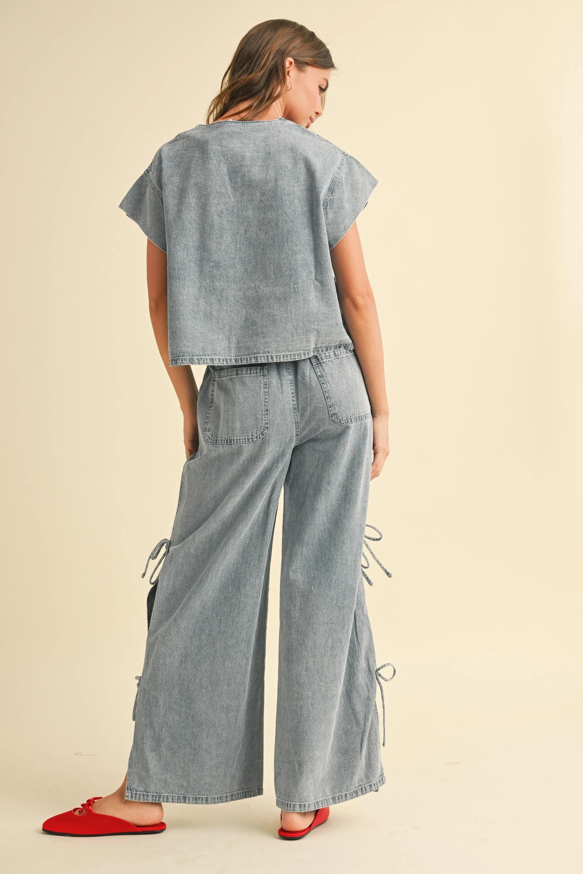 Drawstring Denim Wide-Leg Pants with Side Ties sold by Evercado product image thumbnail 5