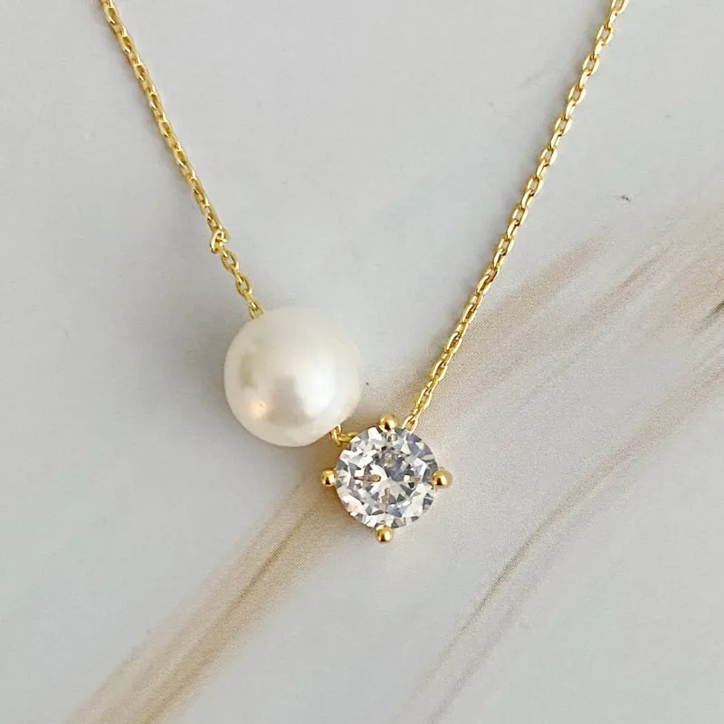 Single Pearl & Diamond Necklace sold by Evercado