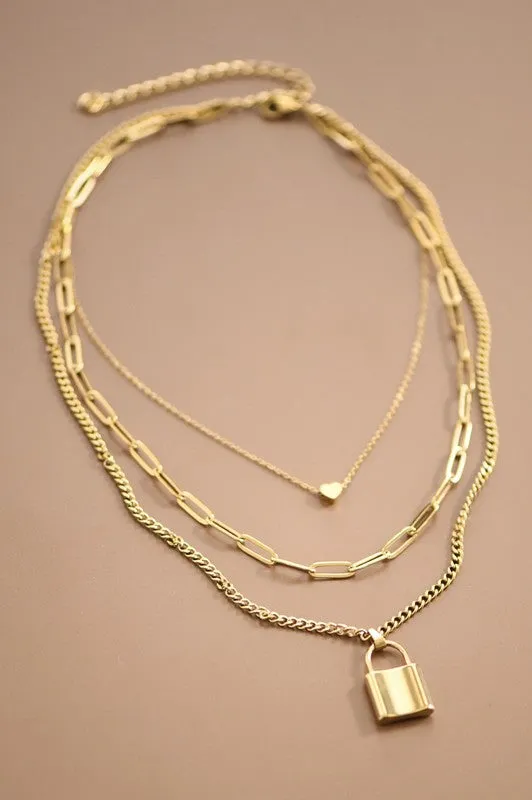 Gold Layered Lock and Heart Necklace Set sold by Evercado