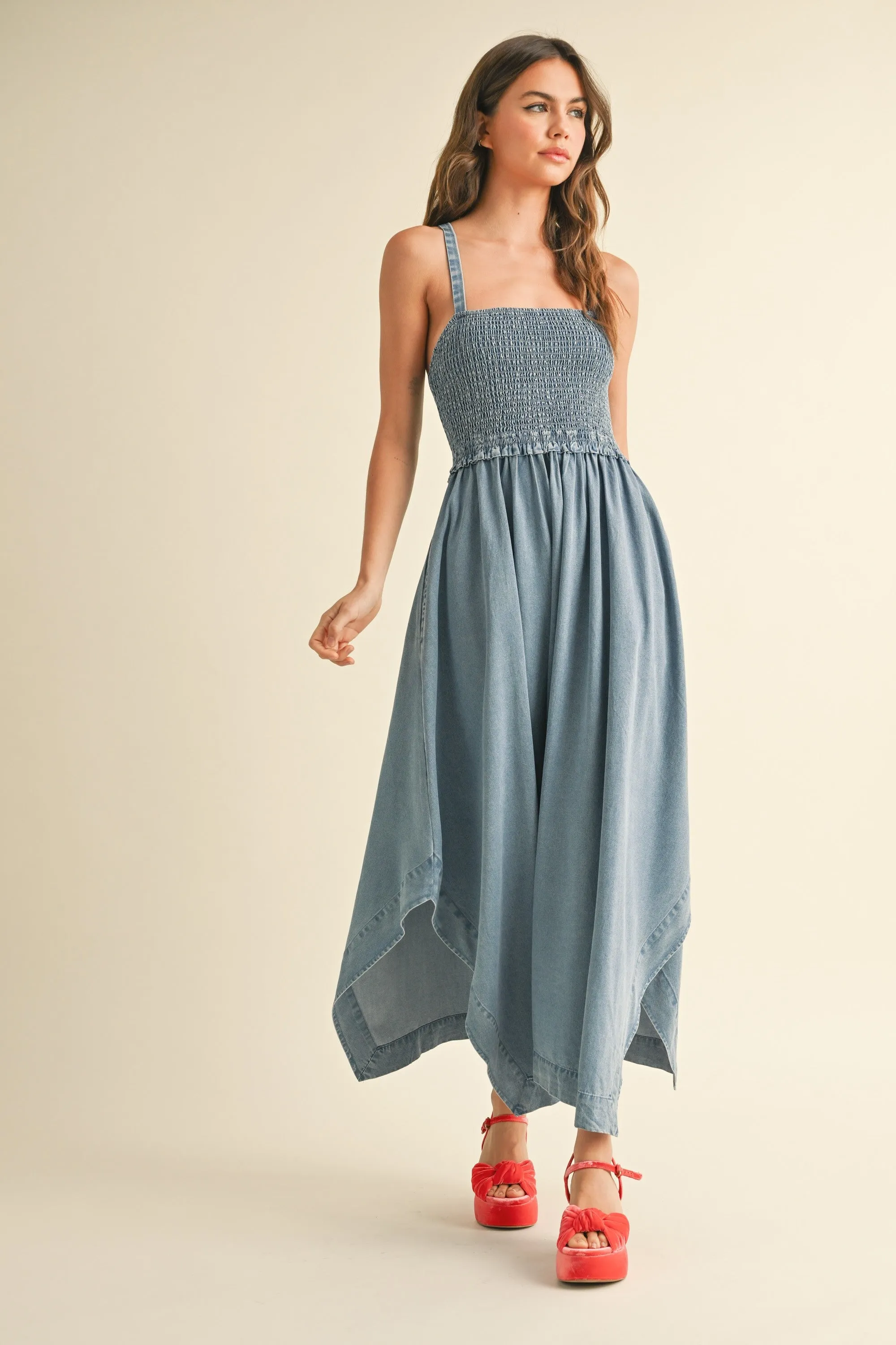 Tencel Denim Smocked Maxi Dress sold by Evercado