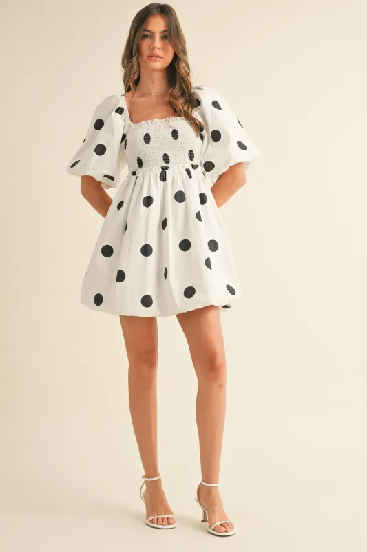 Polka Dot Puff Sleeve Bubble Mini Dress sold by Evercado