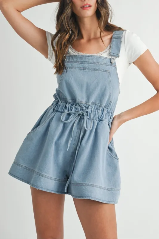 Denim Drawstring Overall Romper sold by Evercado