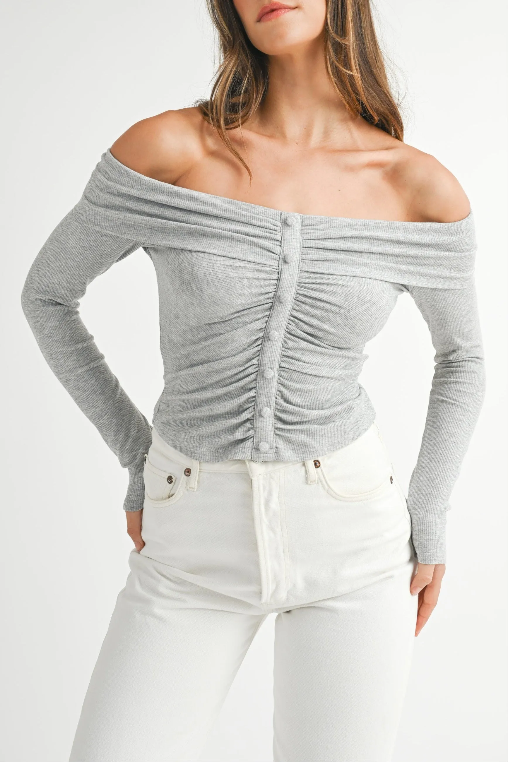 Ruched Ribbed Jersey Off Shoulder Top sold by Evercado
