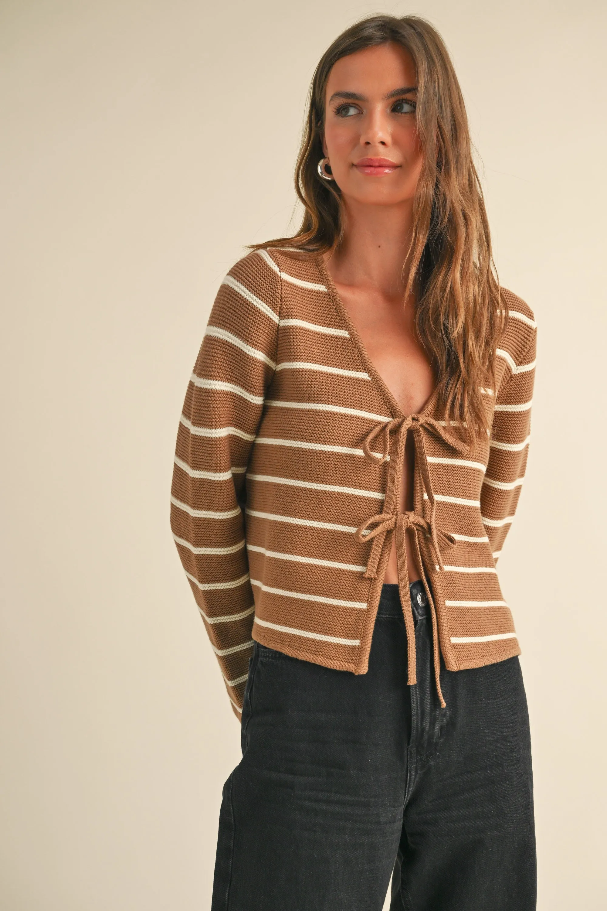Striped Tie Front Knit Cardigan sold by Evercado