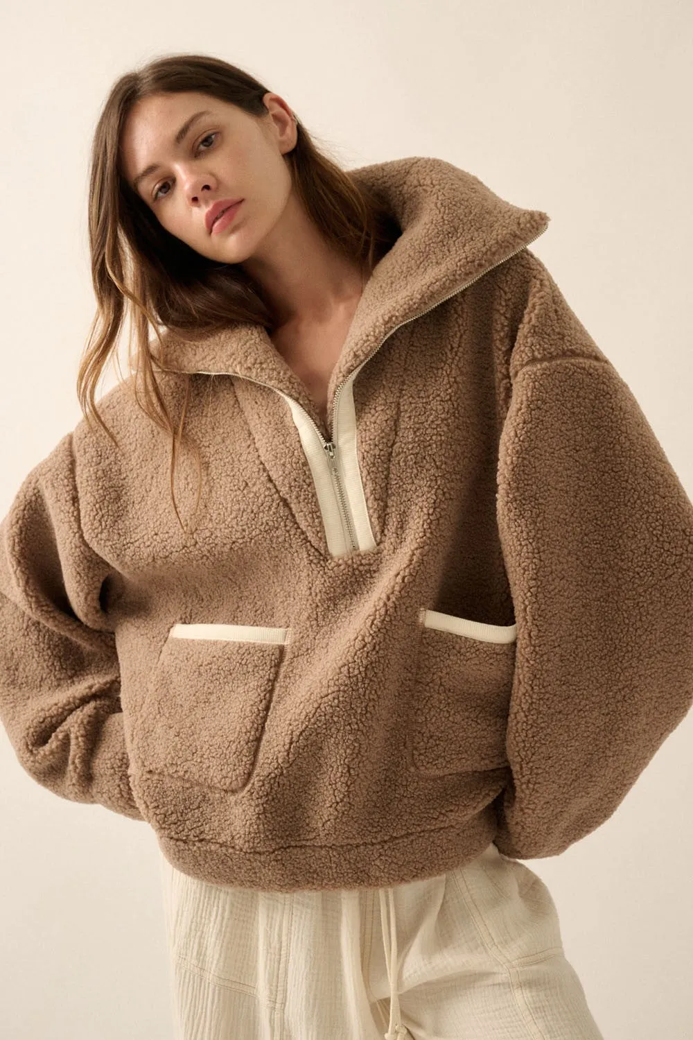 Oversized Sherpa Half Zip Pullover Jacket sold by Evercado product image thumbnail 3