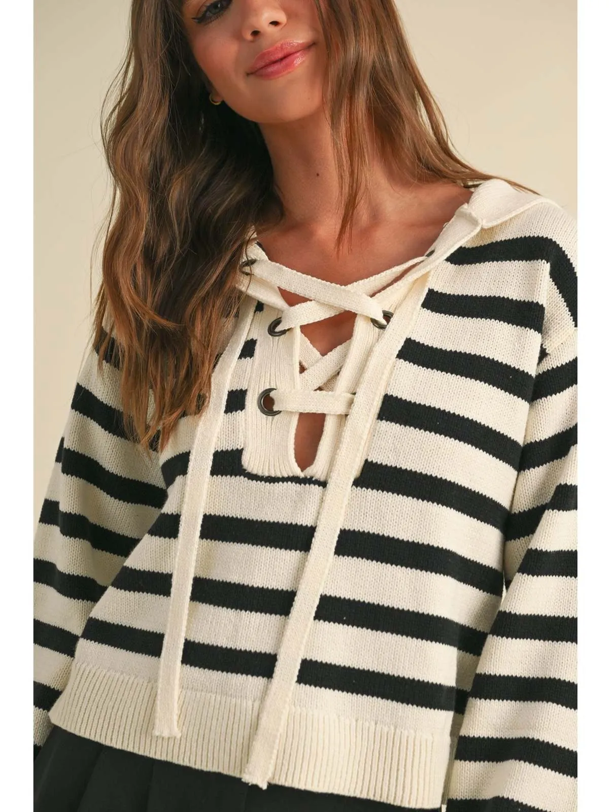 Stripe Lace up Sailor Collar Sweater sold by Evercado product image thumbnail 3