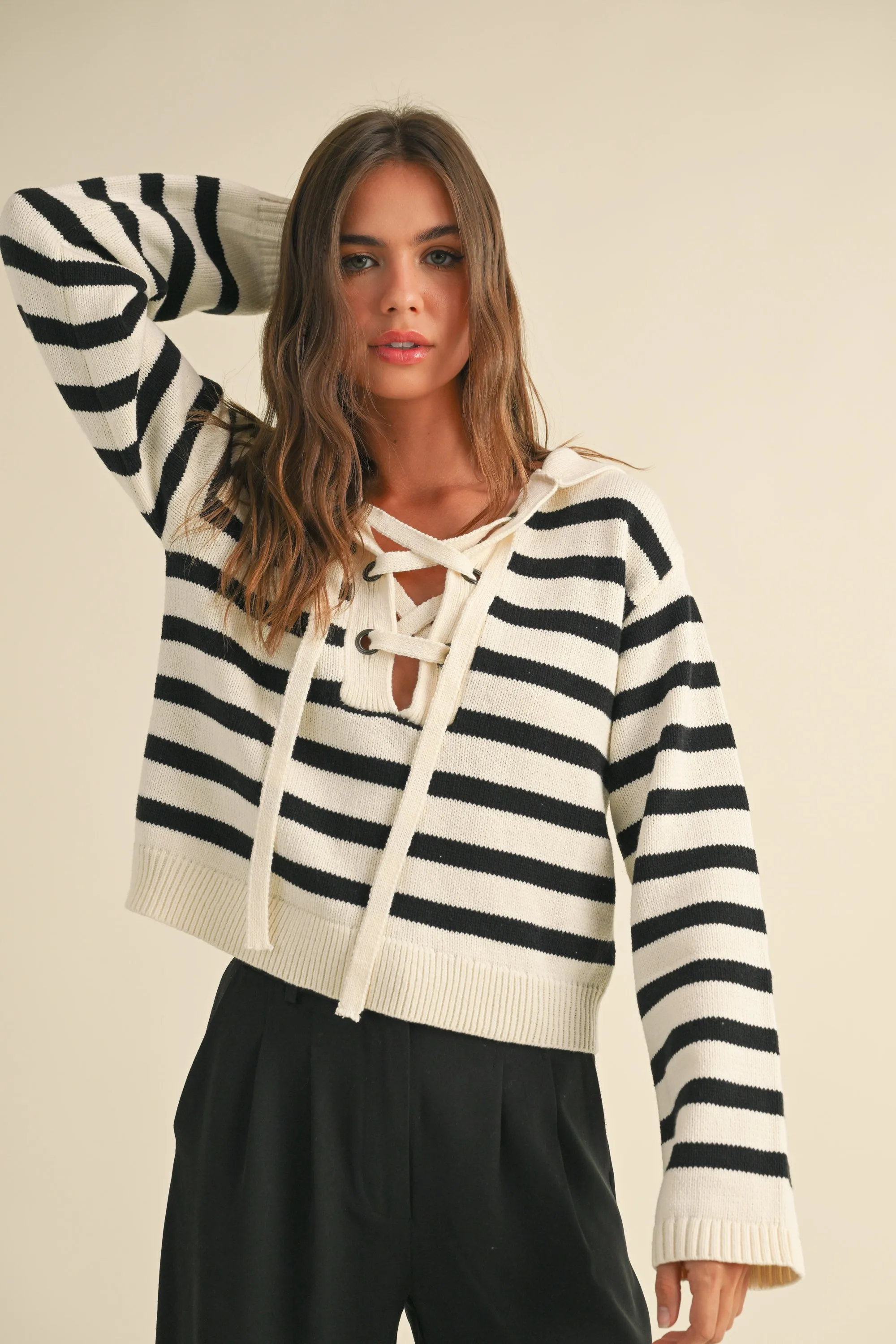 Stripe Lace up Sailor Collar Sweater sold by Evercado