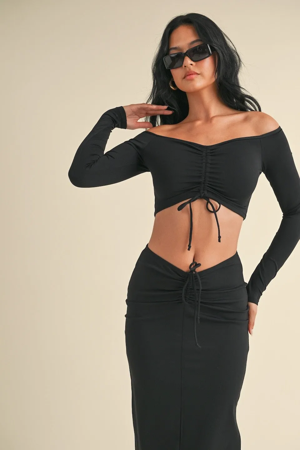 Ruched Off Shoulder Long Sleeve Crop Top sold by Evercado product image thumbnail 2