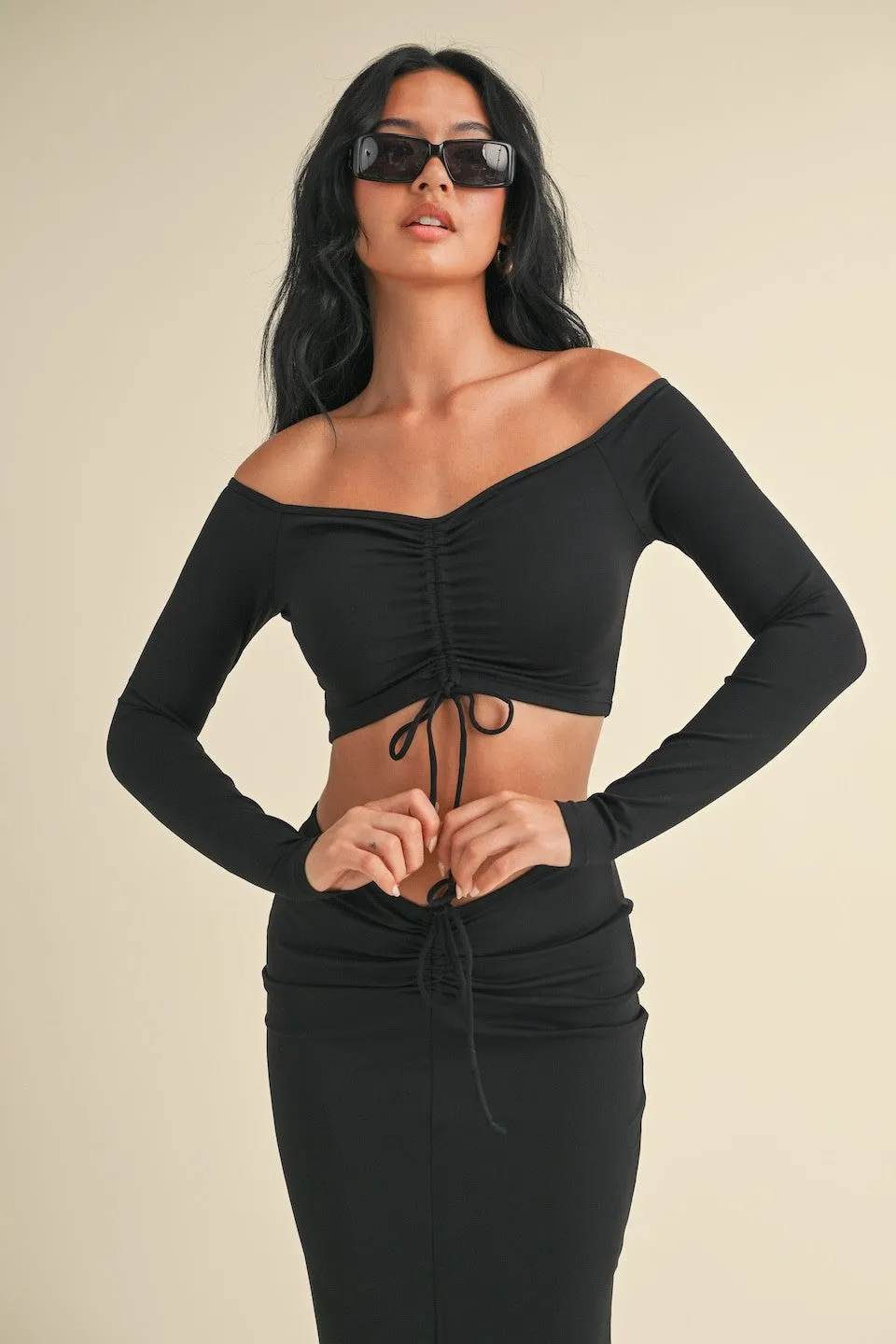 Ruched Off Shoulder Long Sleeve Crop Top sold by Evercado